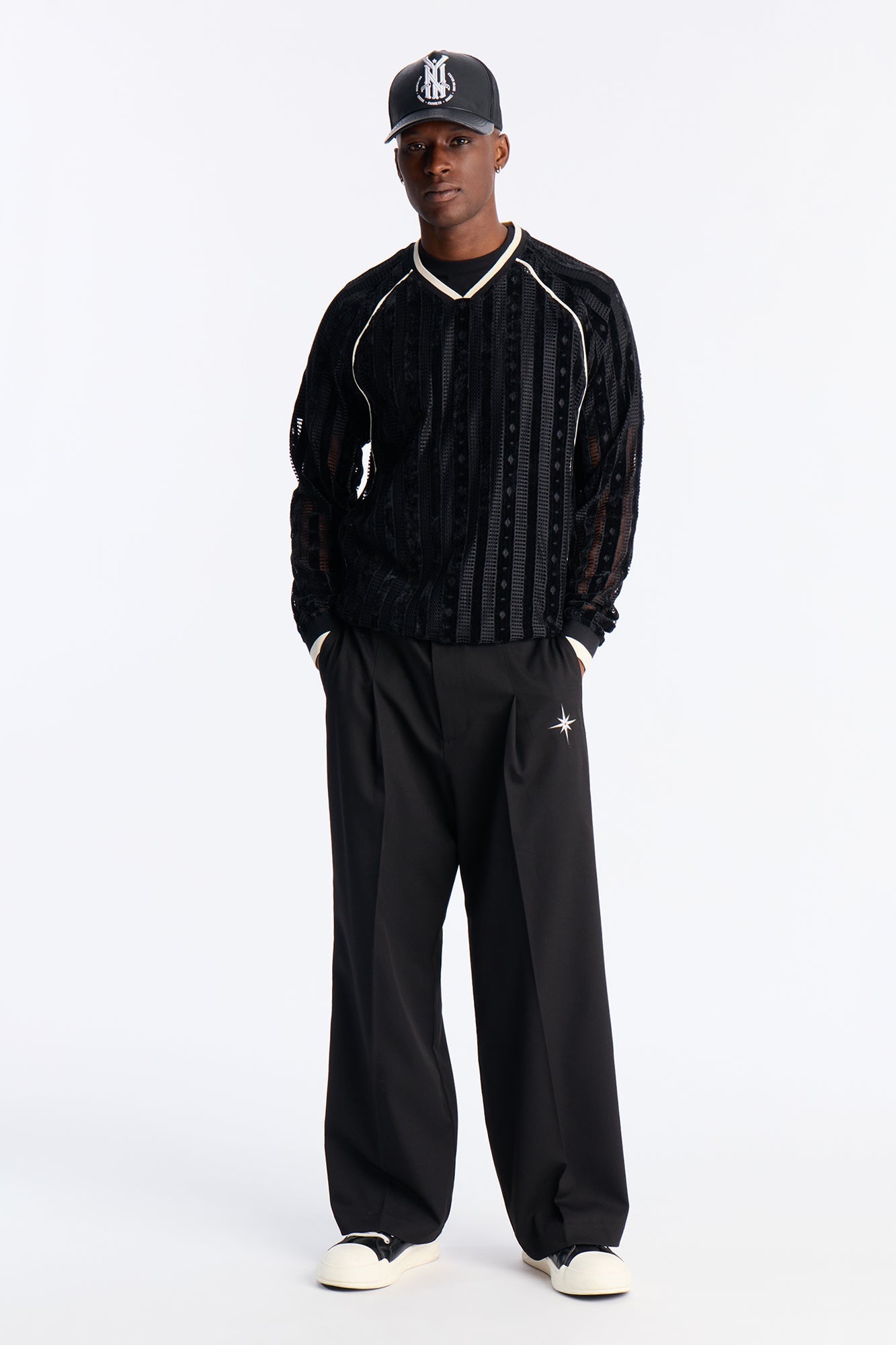 Luxe Grid Paneled V Neck Shirt - Black Fashion Nova