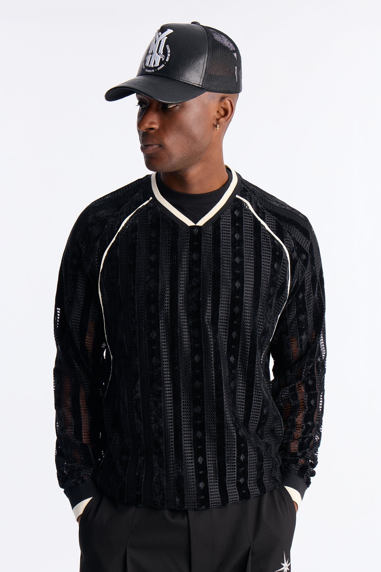 Luxe Grid Paneled V Neck Shirt - Black Fashion Nova