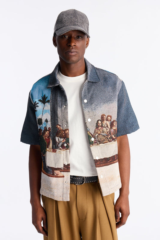 Cropped Relaxed Palm Vinci Button Up Shirt - Multi Color Fashion Nova