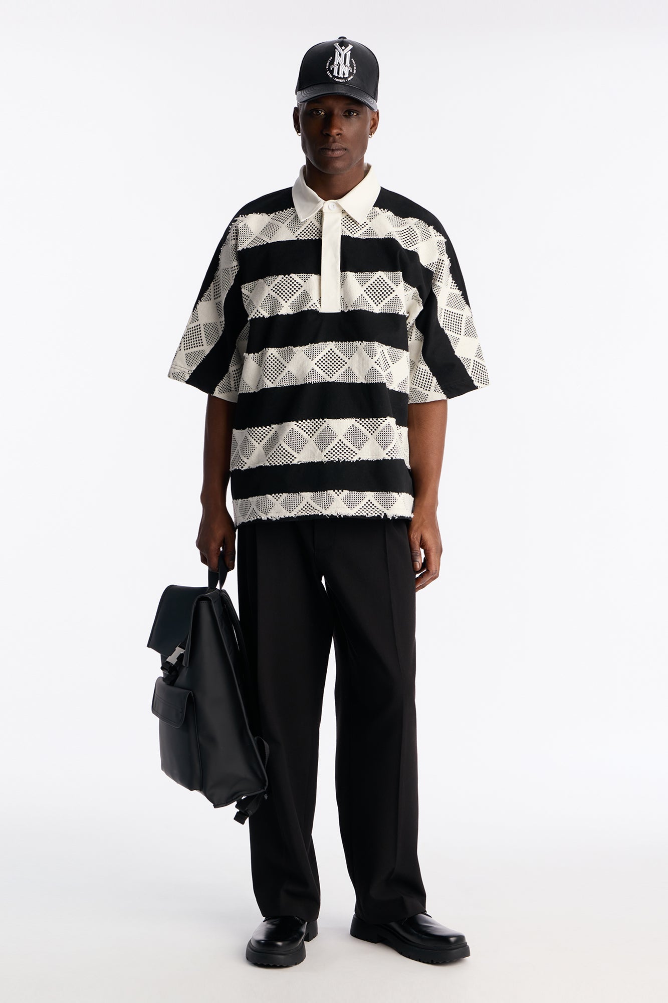 Oversized Offshore Reef Crochet Polo Shirt - Black/White Fashion Nova