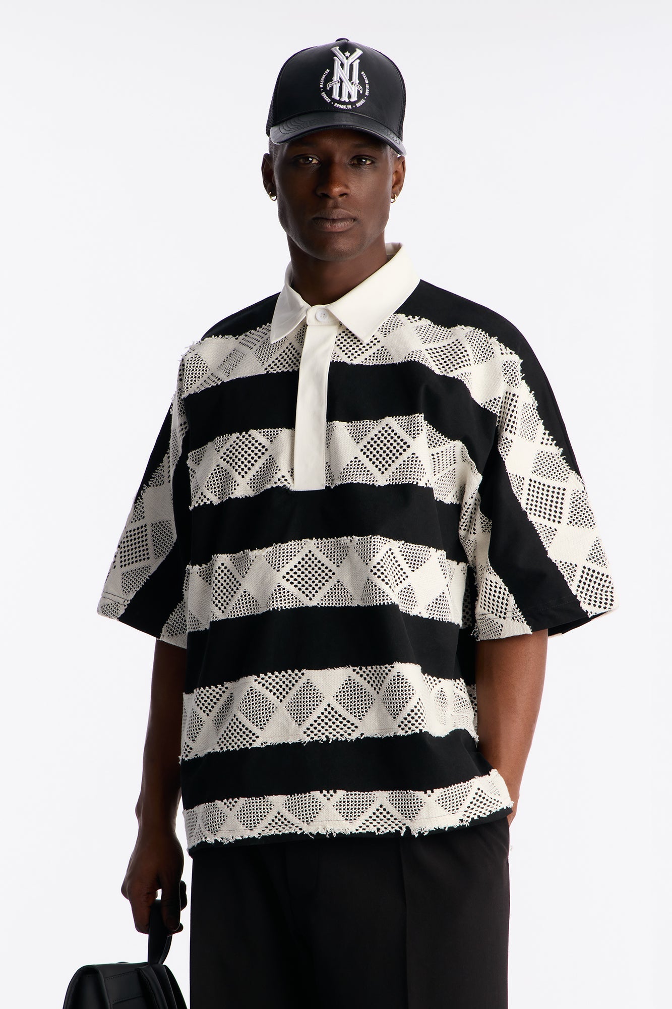 Oversized Offshore Reef Crochet Polo Shirt - Black/White Fashion Nova