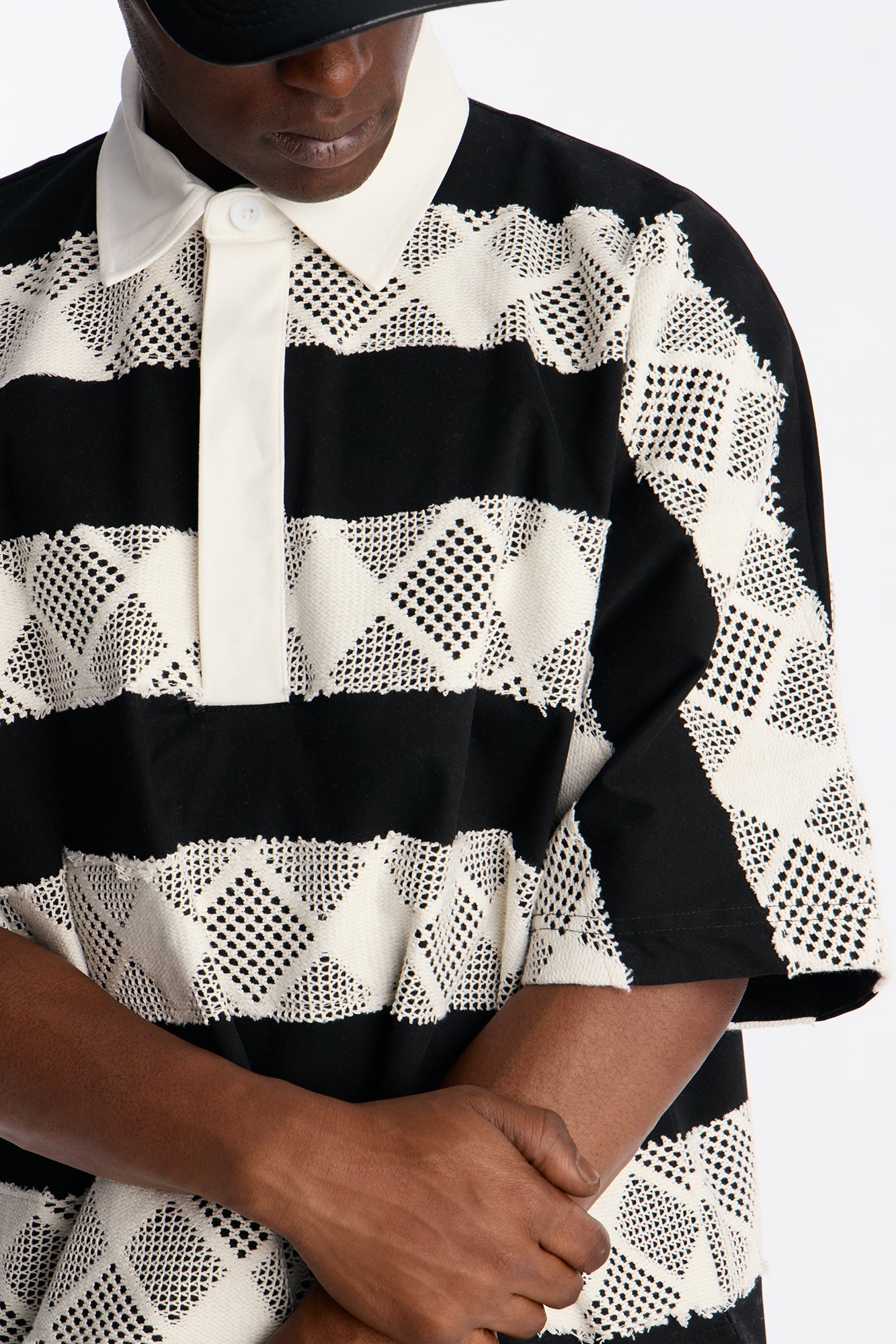 Oversized Offshore Reef Crochet Polo Shirt - Black/White Fashion Nova