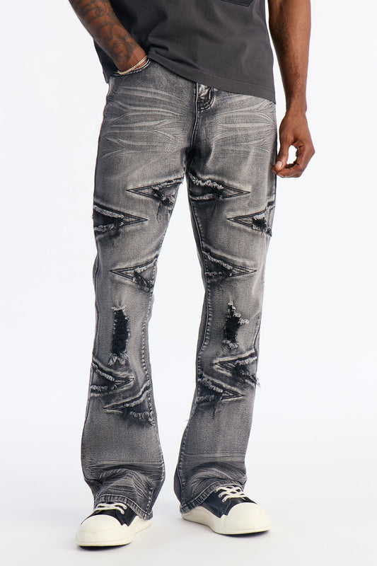 Stacked Skinny Flare Triangle Fray Jeans - Black Wash Fashion Nova