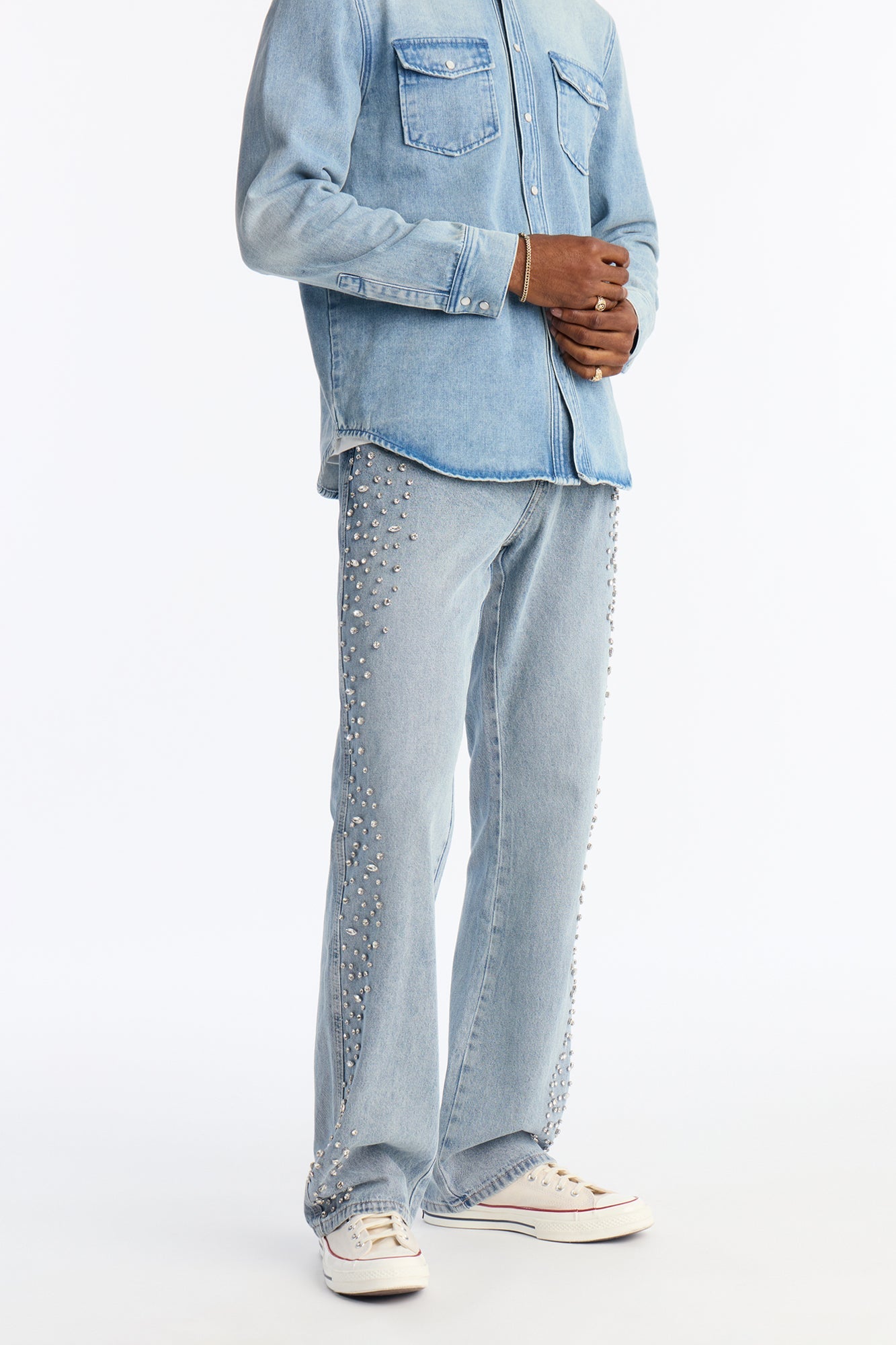 Stacked Slim Flare Another Level Jeweled Jean - Medium Blue Wash Fashion Nova