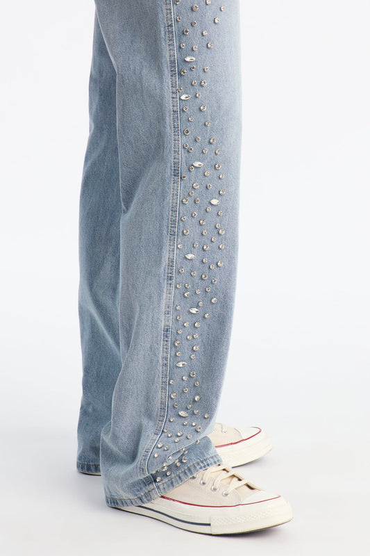 Stacked Slim Flare Another Level Jeweled Jean - Medium Blue Wash Fashion Nova
