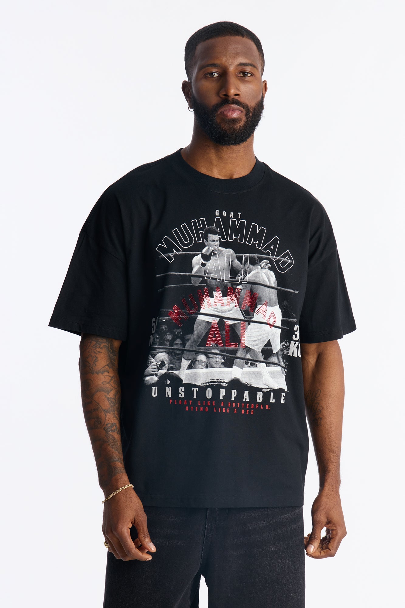 Boxy Muhammad Ali Rhinestone Short Sleeve Tee - Black Fashion Nova