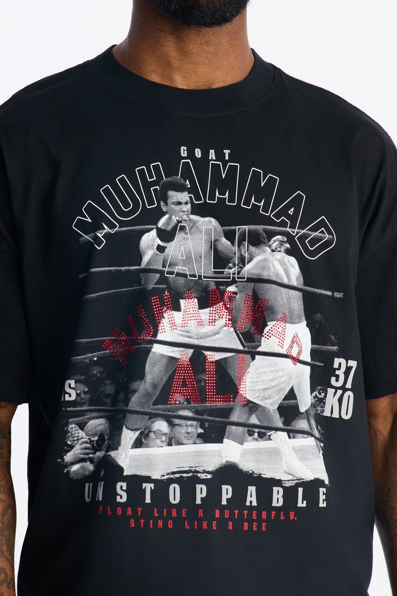 Boxy Muhammad Ali Rhinestone Short Sleeve Tee - Black Fashion Nova
