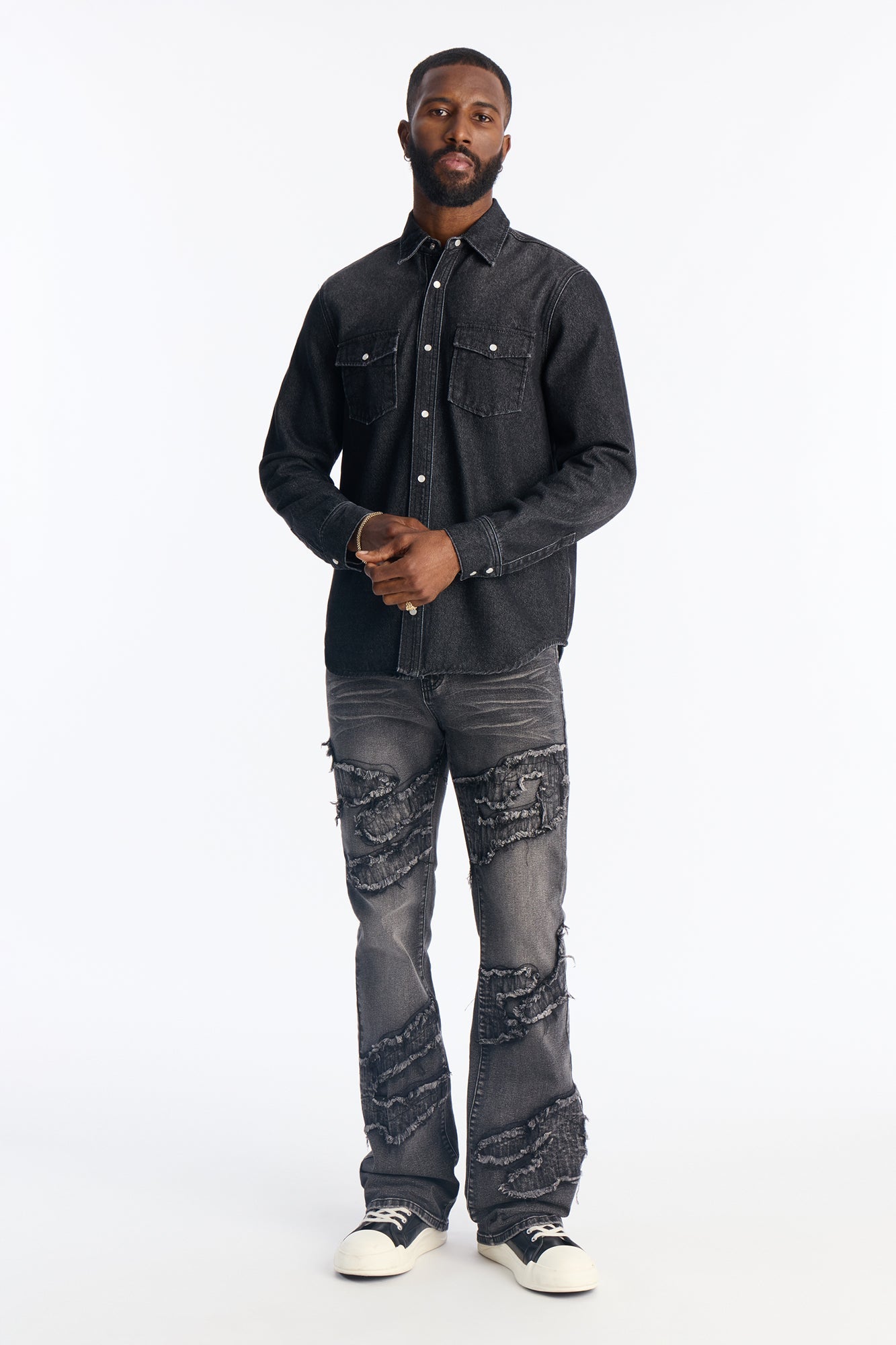 Stacked Slim Flare Fray Waves Jeans - Black Wash Fashion Nova