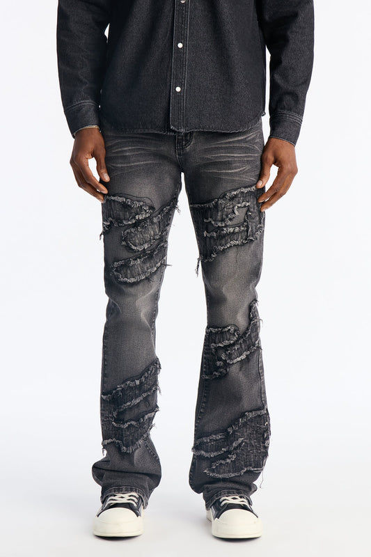 Stacked Slim Flare Fray Waves Jeans - Black Wash Fashion Nova