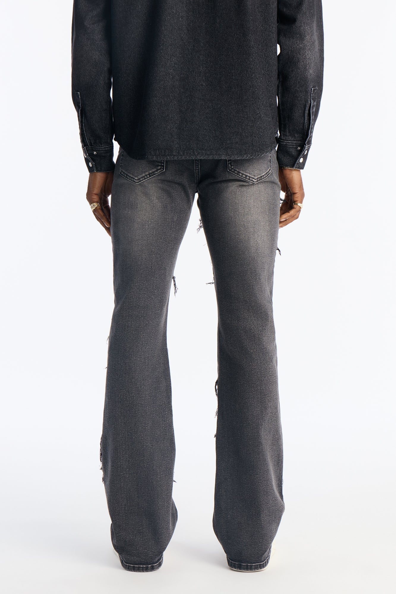 Stacked Slim Flare Fray Waves Jeans - Black Wash Fashion Nova