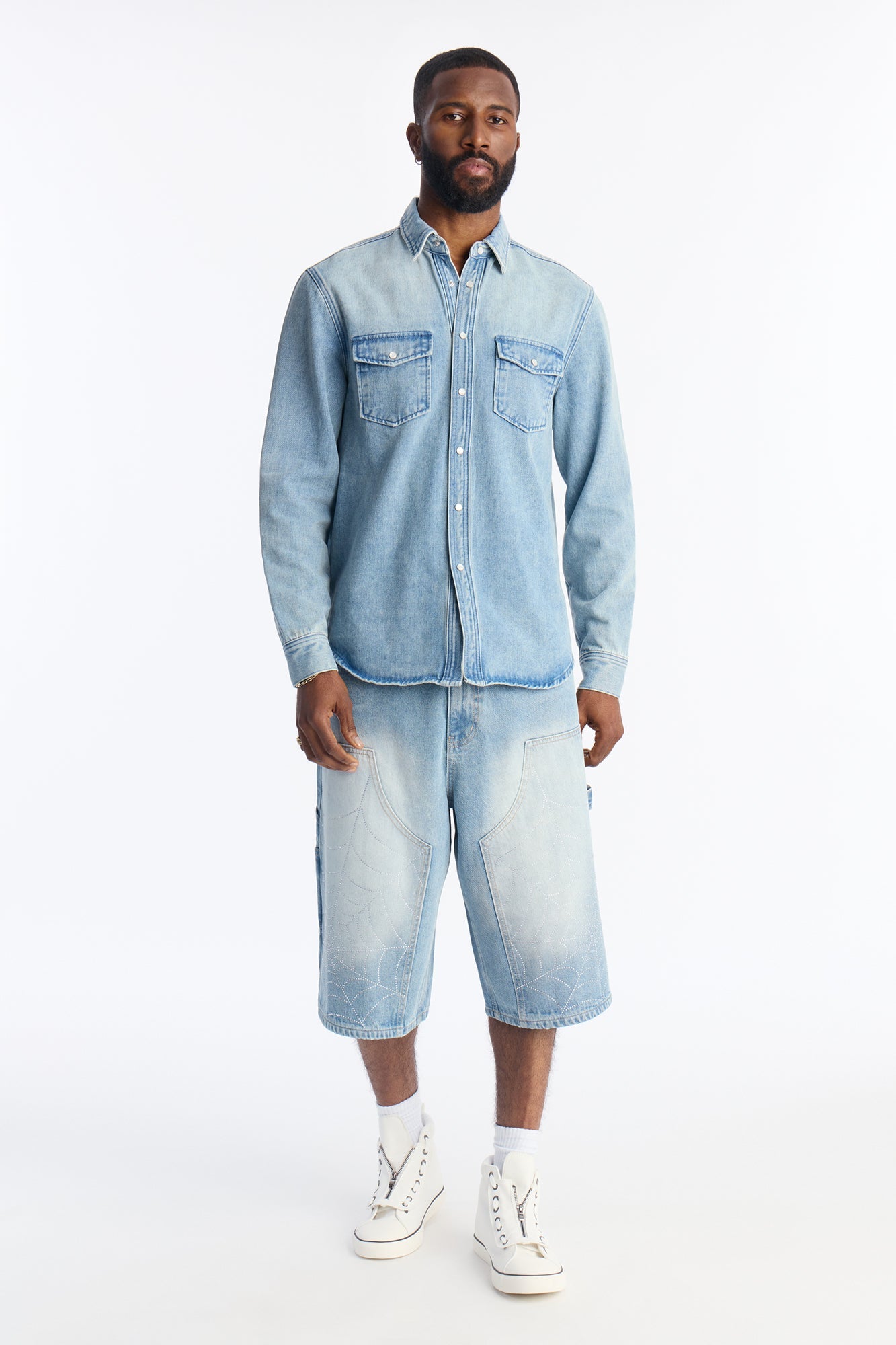 Baggy Jeweled Web Carpenter Denim Short - Light Wash Fashion Nova