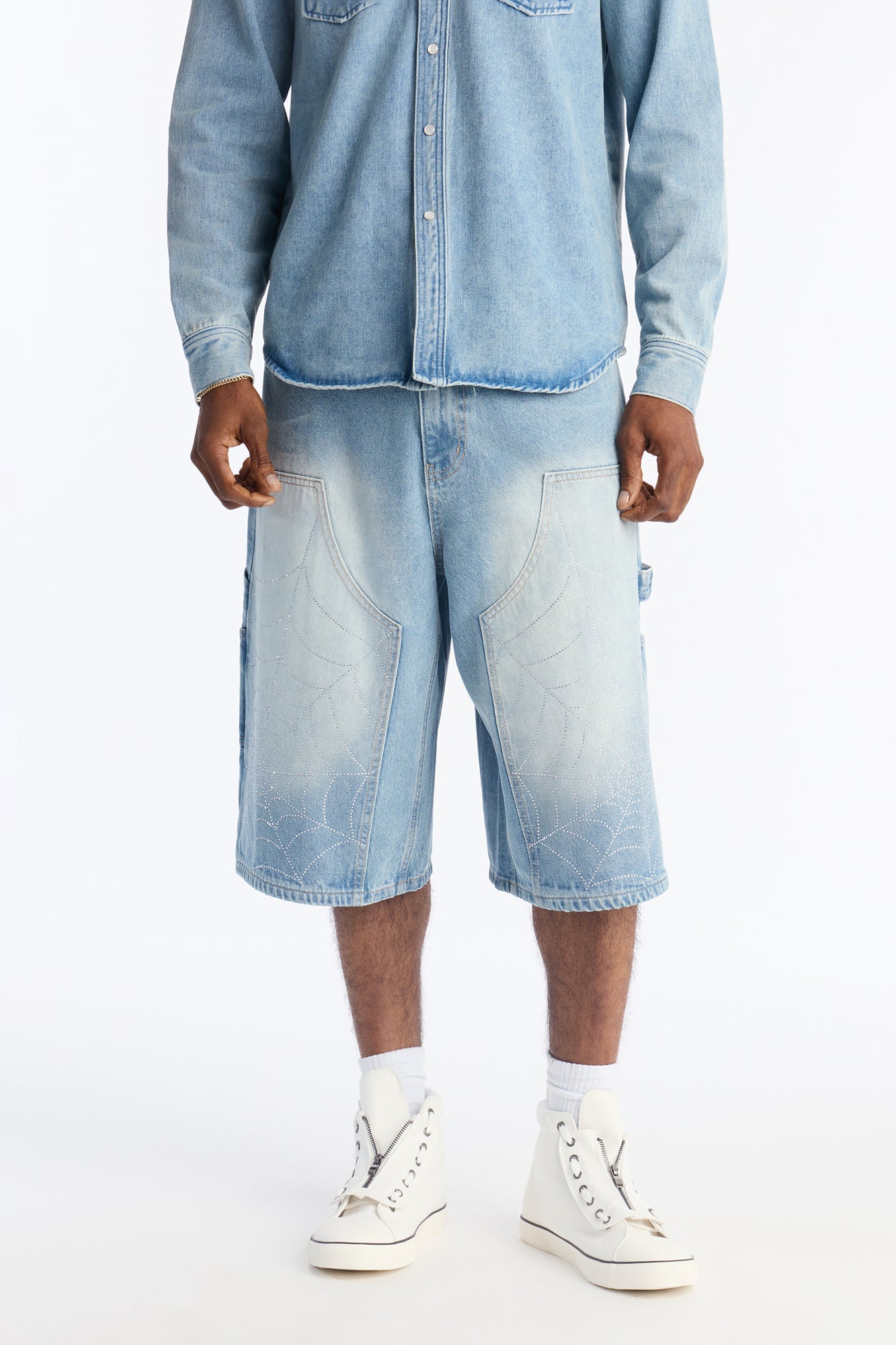 Baggy Jeweled Web Carpenter Denim Short - Light Wash Fashion Nova