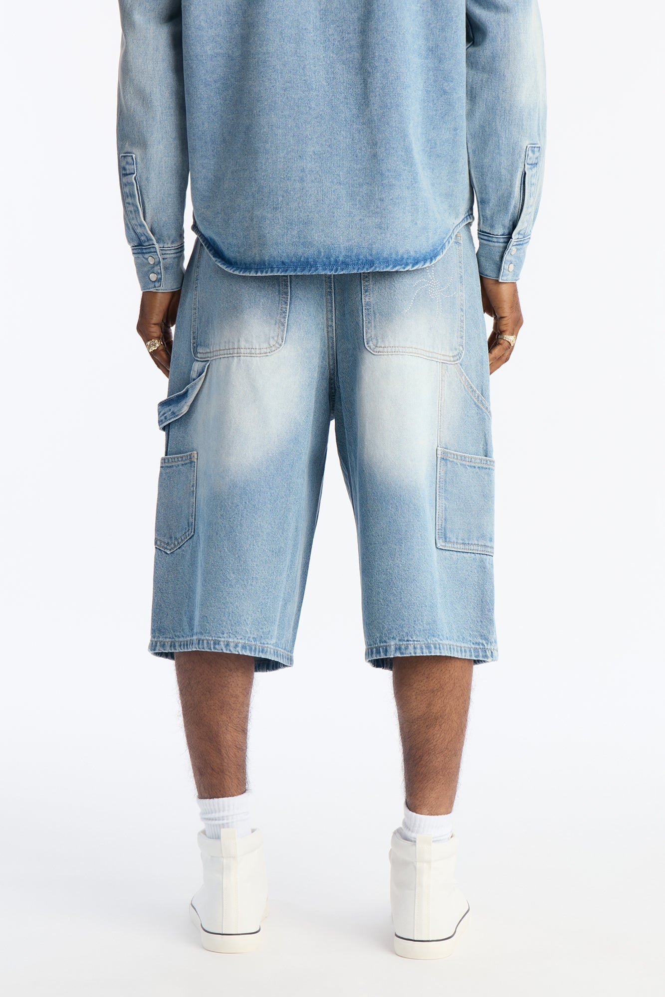Baggy Jeweled Web Carpenter Denim Short - Light Wash Fashion Nova