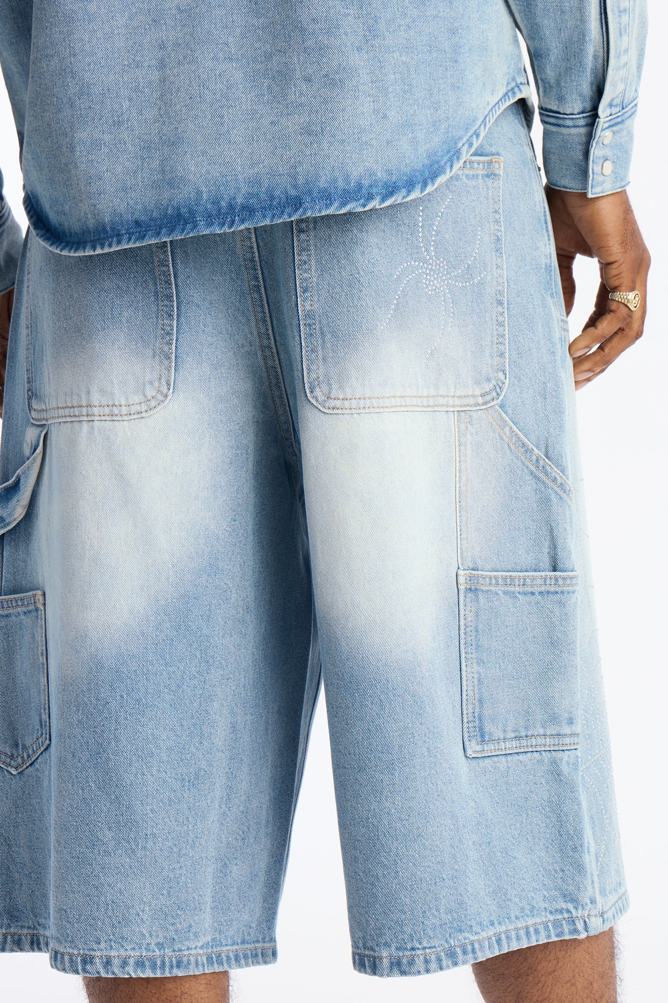 Baggy Jeweled Web Carpenter Denim Short - Light Wash Fashion Nova