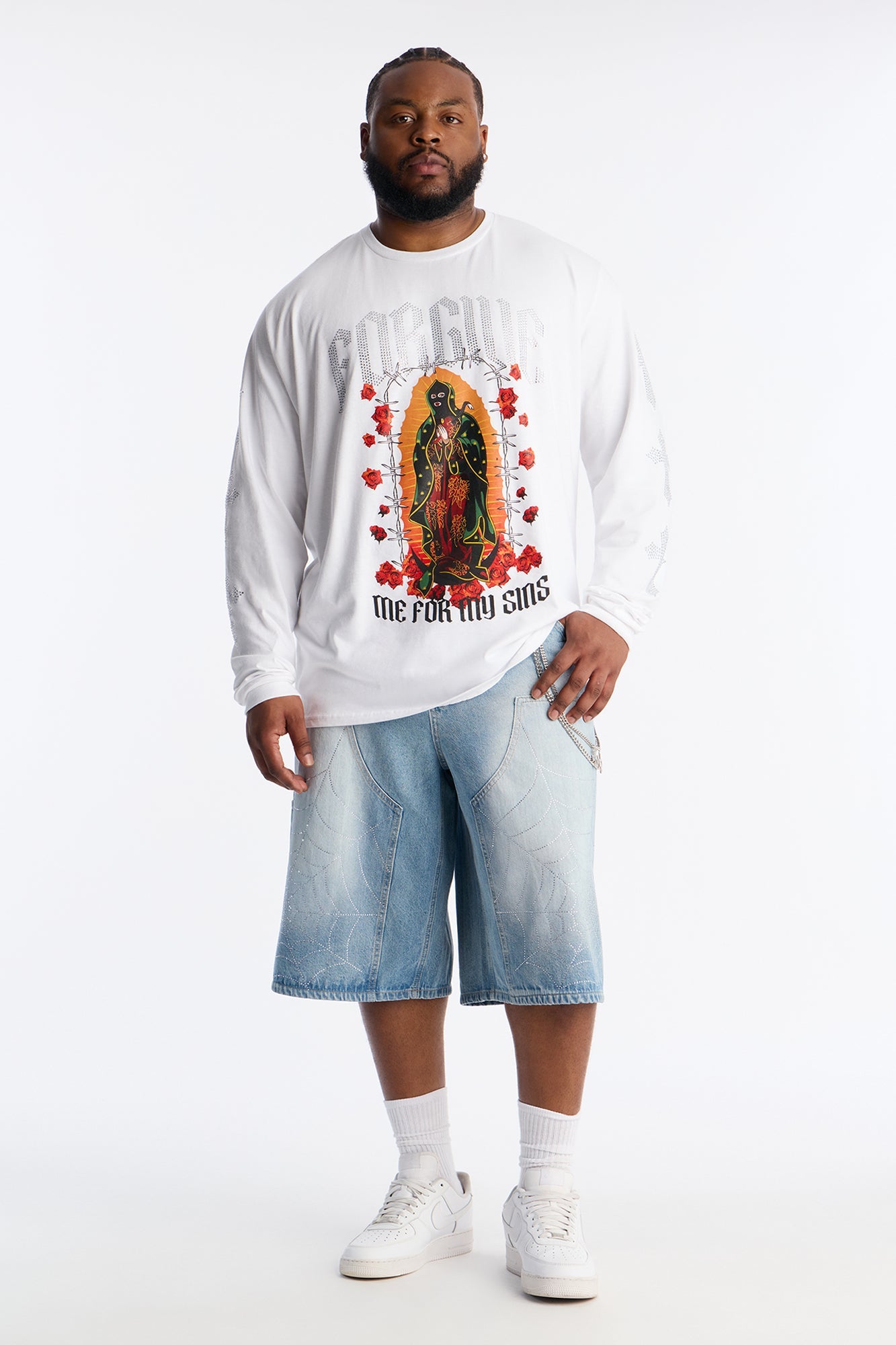 Baggy Jeweled Web Carpenter Denim Short - Light Wash Fashion Nova