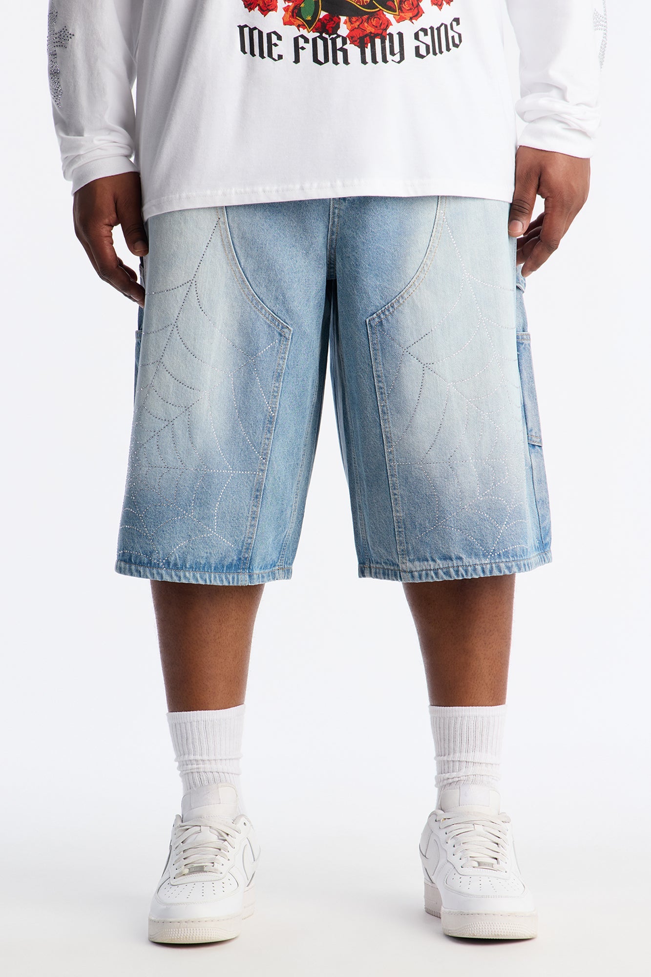 Baggy Jeweled Web Carpenter Denim Short - Light Wash Fashion Nova