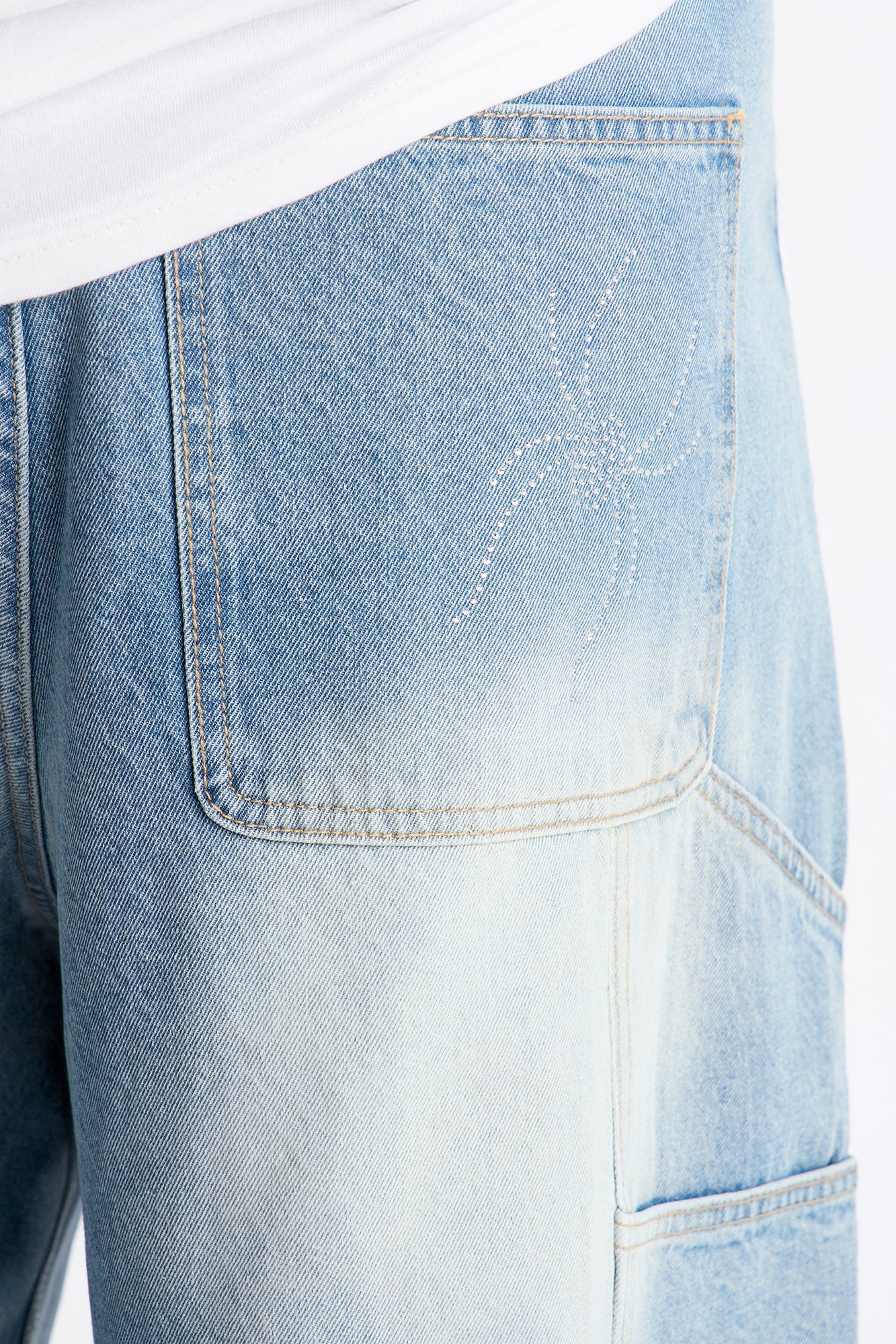 Baggy Jeweled Web Carpenter Denim Short - Light Wash Fashion Nova