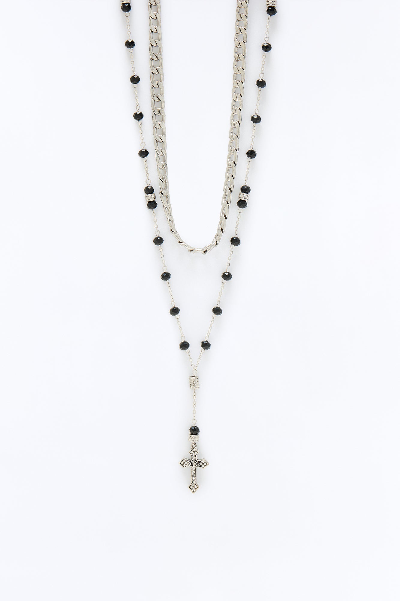 Layered Cuban And Beaded Cross Necklace Set - Silver/Black Fashion Nova