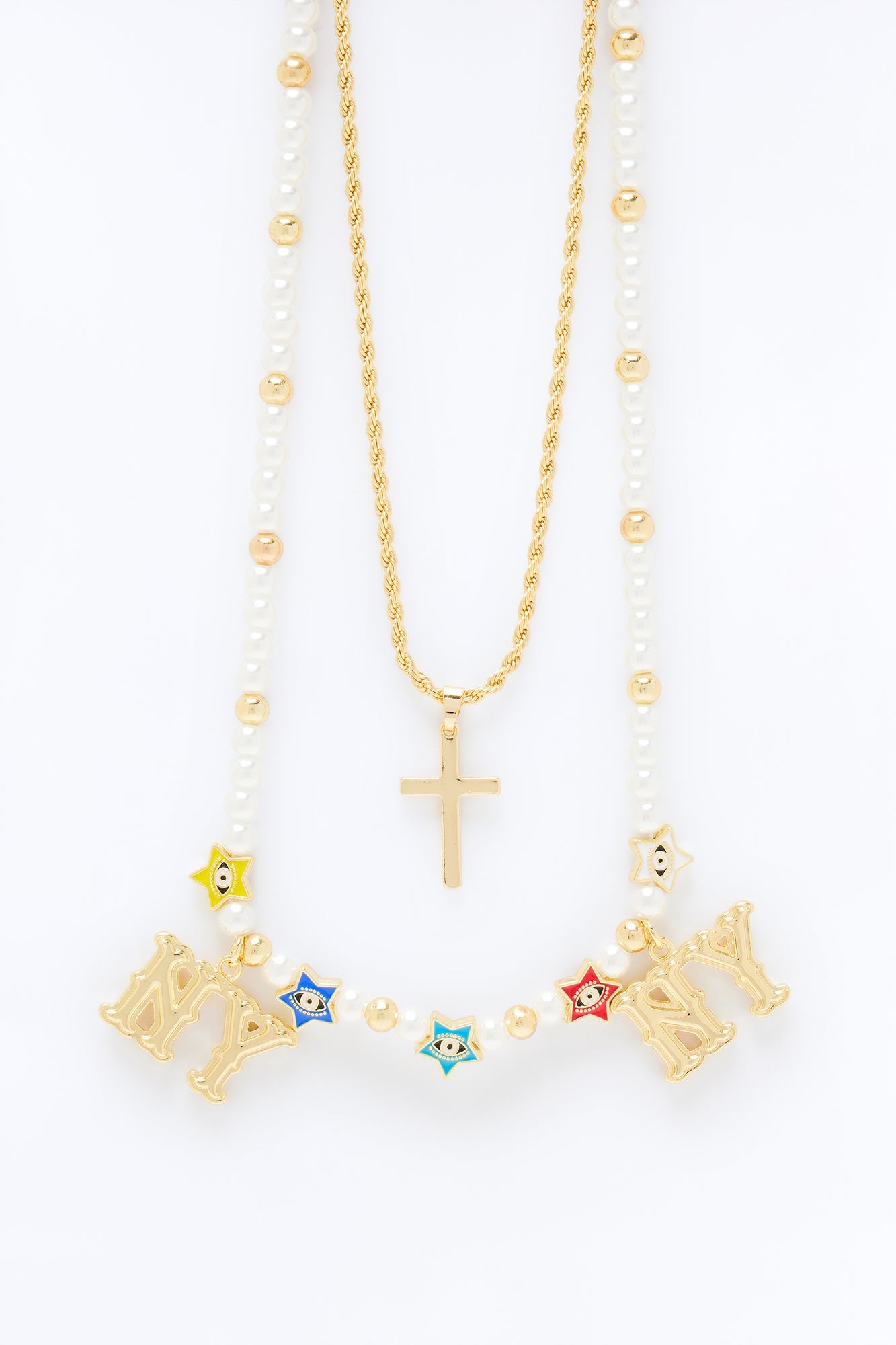 NY Pearl Charm And Layered Cross Pendant Necklace Set - Gold Fashion Nova