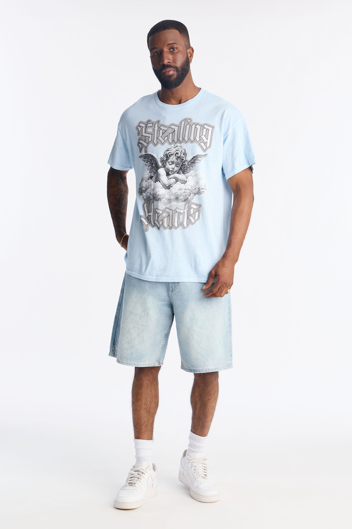 Stealing Hearts Rhinestone Short Sleeve Tee - Light Blue Fashion Nova