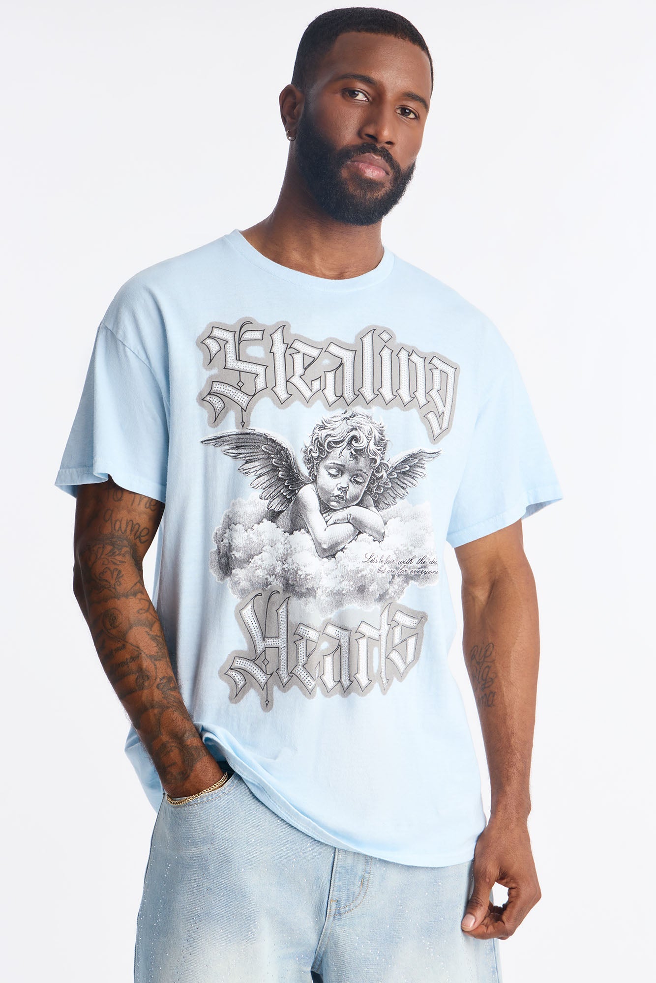Stealing Hearts Rhinestone Short Sleeve Tee - Light Blue Fashion Nova