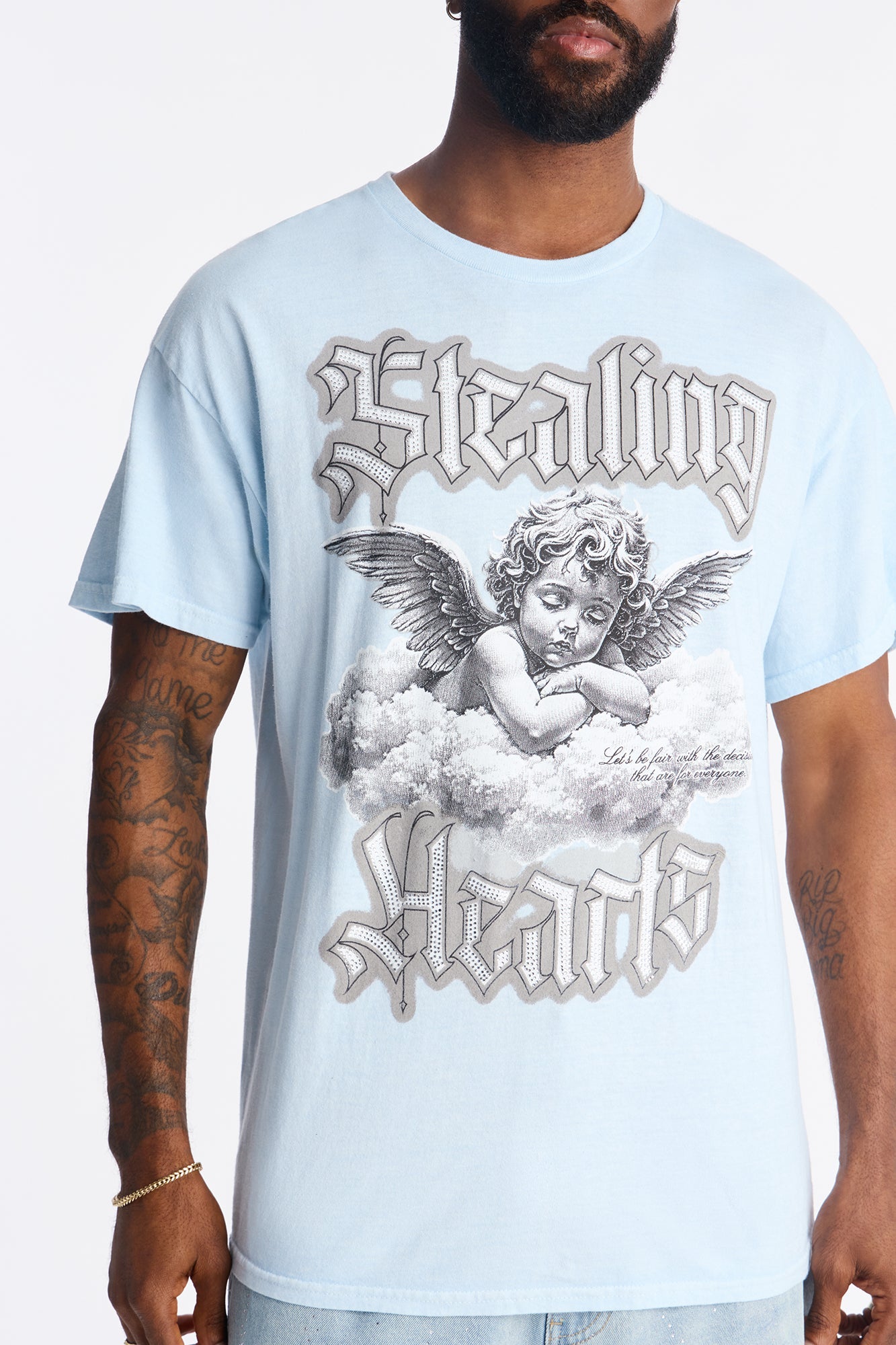 Stealing Hearts Rhinestone Short Sleeve Tee - Light Blue Fashion Nova