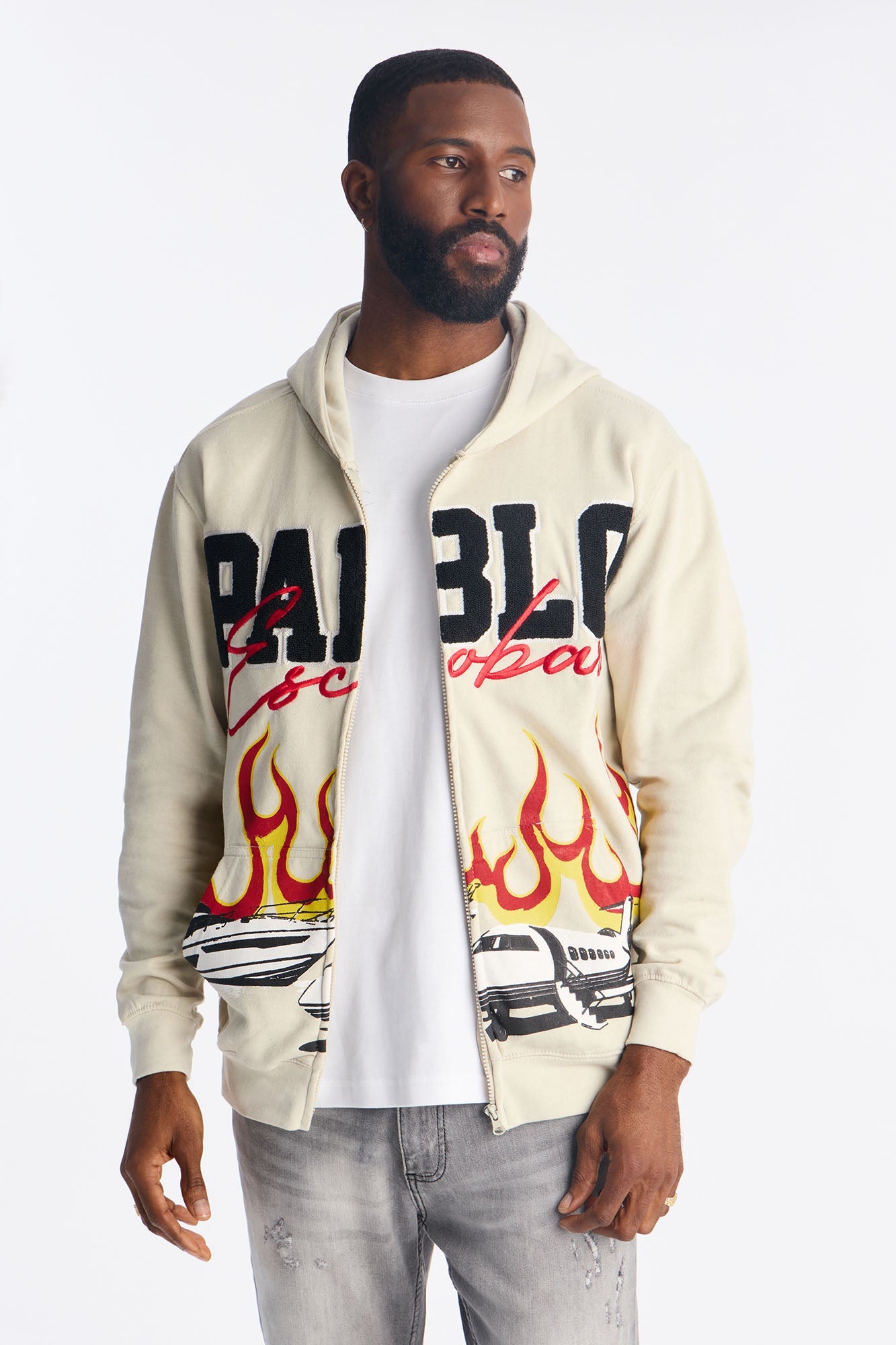Pablo Escobar Patch Zip Up Hoodie - Khaki Fashion Nova