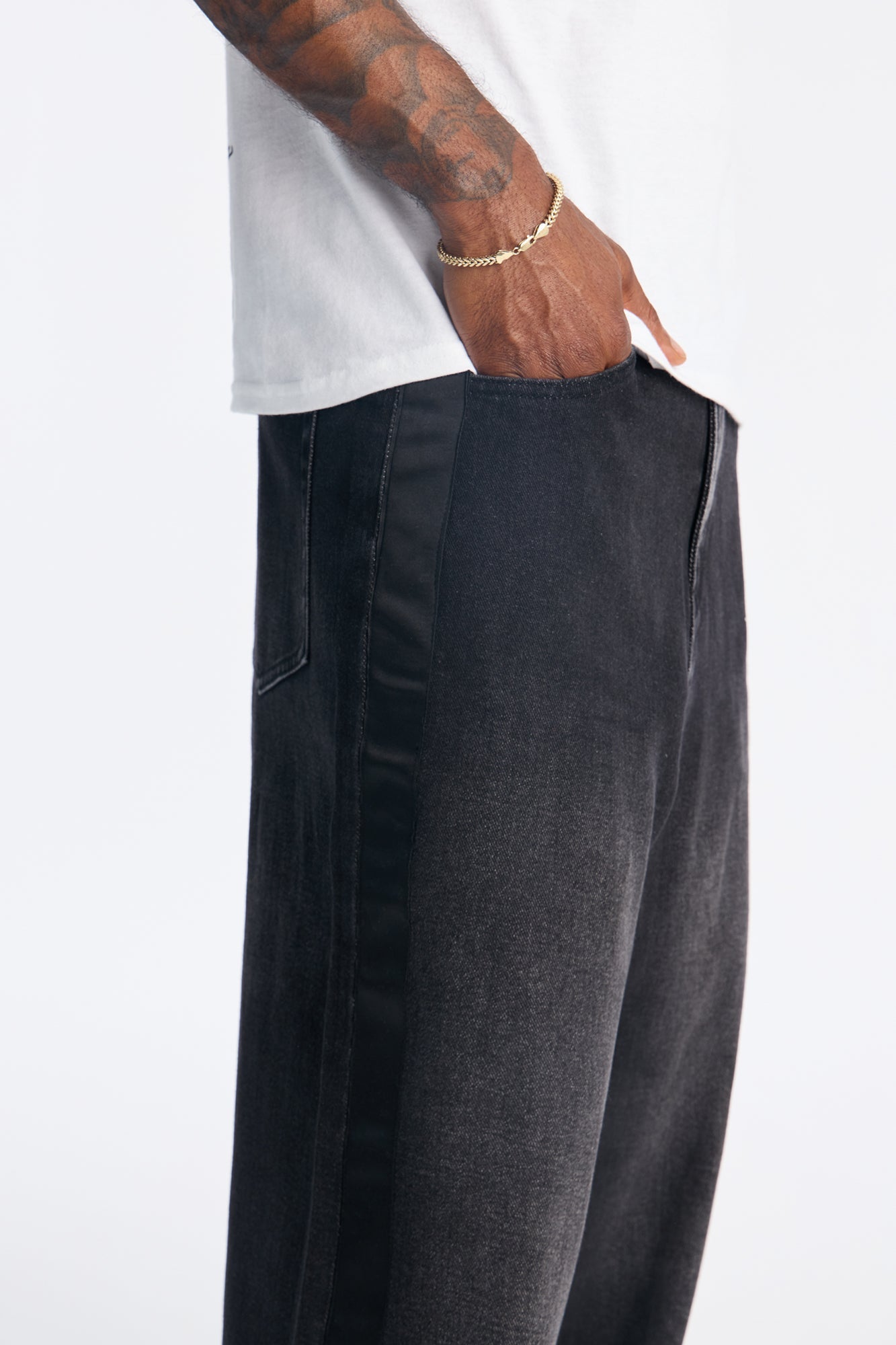 Baggy Wide Leg Tuxedo Stripe Jean - Black Wash Fashion Nova