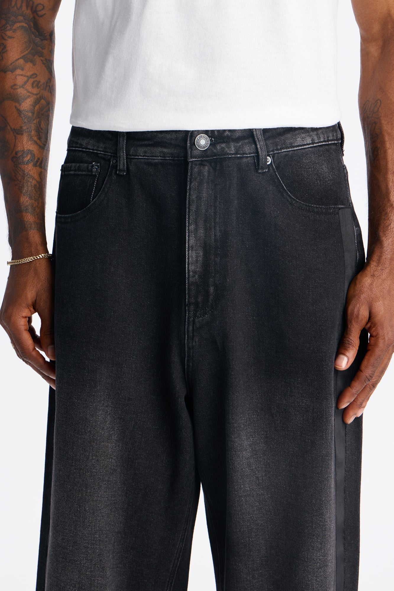 Baggy Wide Leg Tuxedo Stripe Jean - Black Wash Fashion Nova