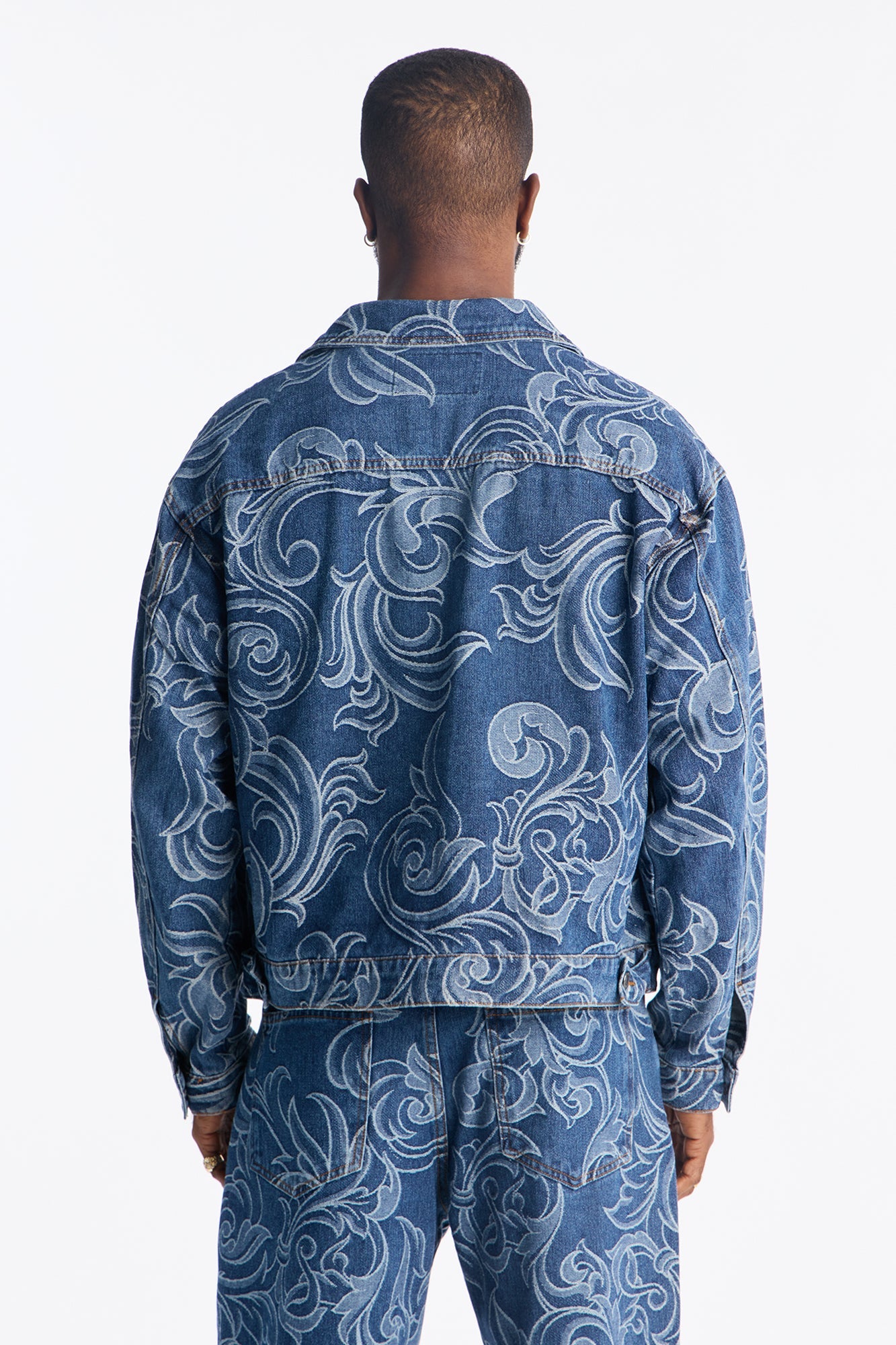 Relaxed Cropped Baroque Jacquard Denim Jacket - Medium Blue Wash Fashion Nova