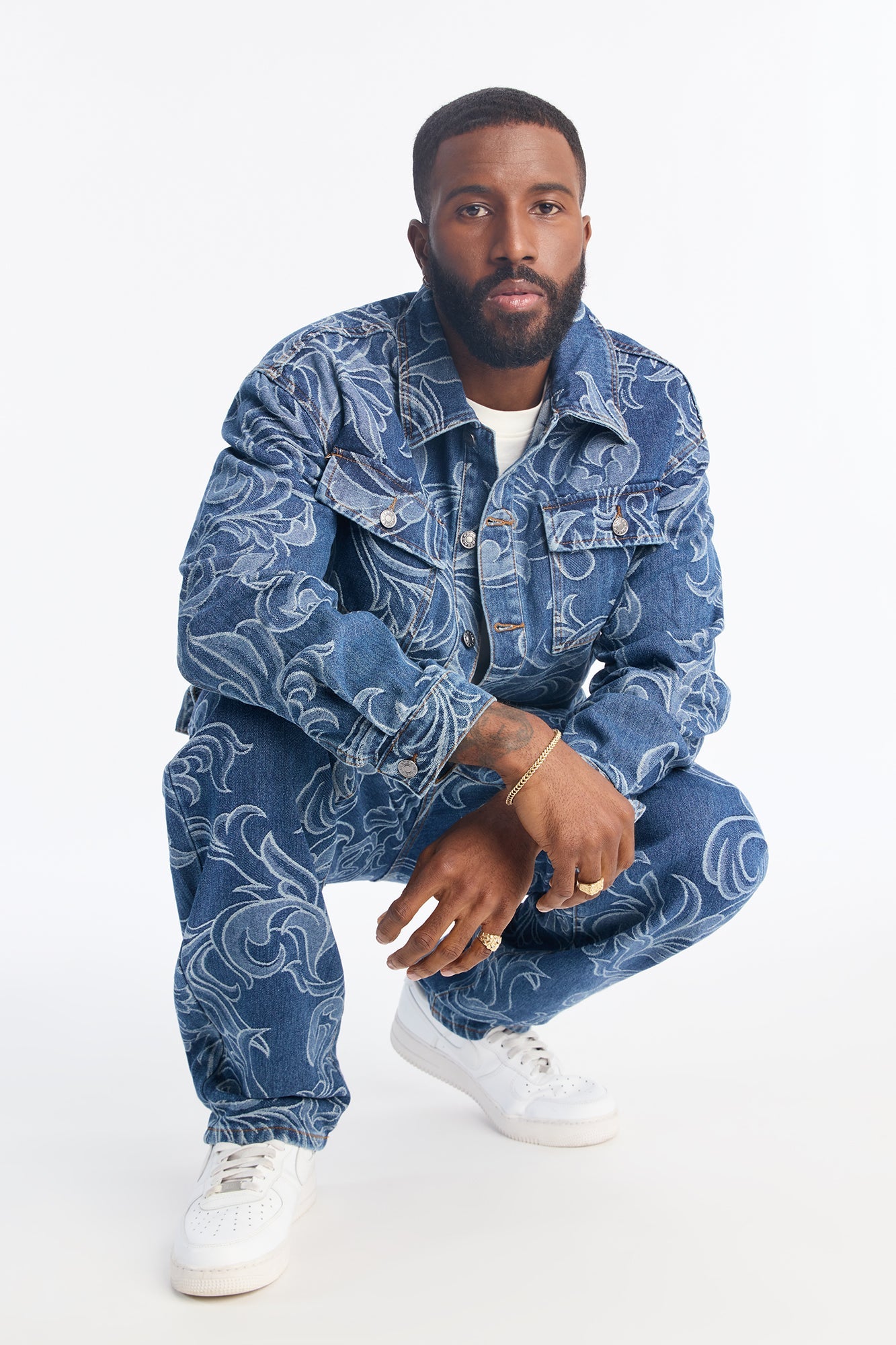 Relaxed Cropped Baroque Jacquard Denim Jacket - Medium Blue Wash Fashion Nova