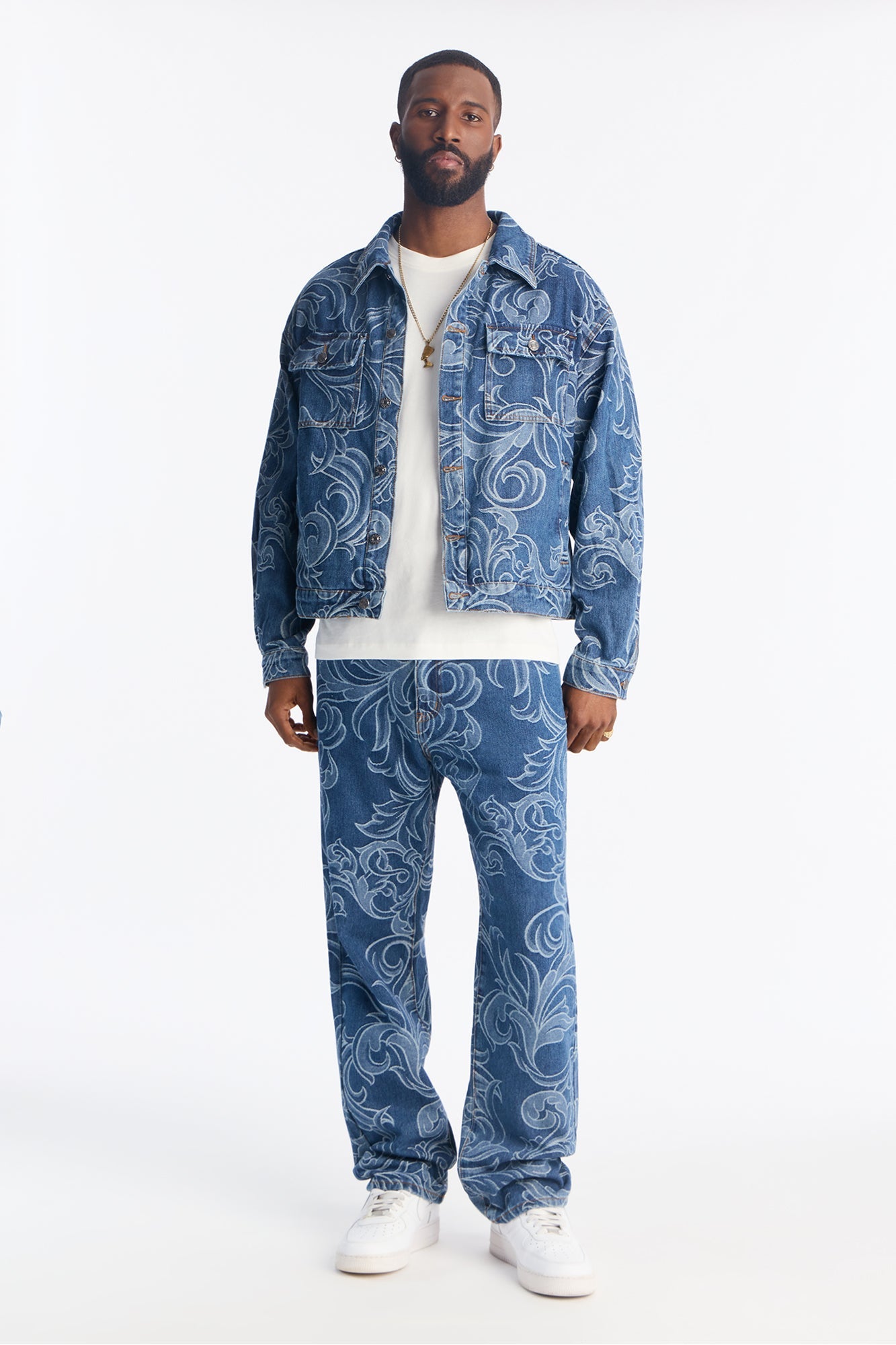 Straight Baroque Jacquard Jean - Medium Blue Wash Fashion Nova
