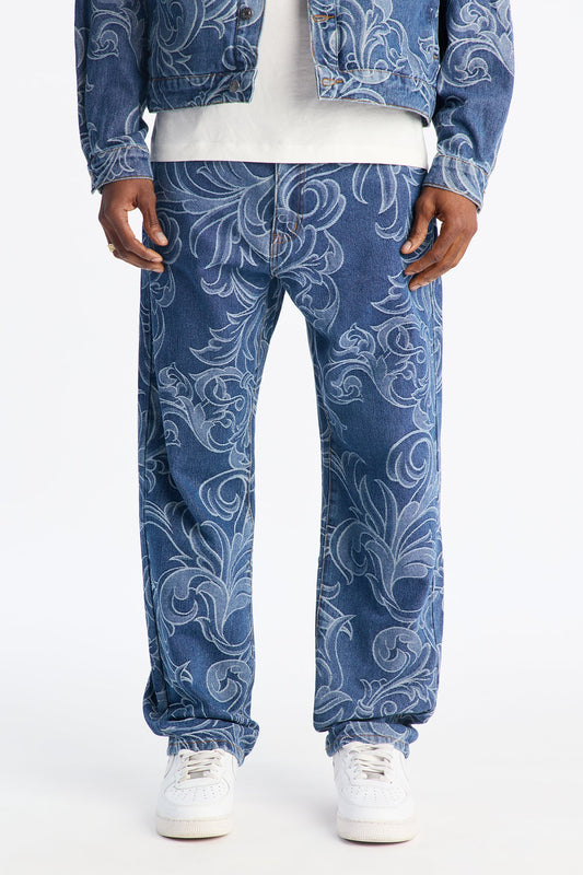 Straight Baroque Jacquard Jean - Medium Blue Wash Fashion Nova