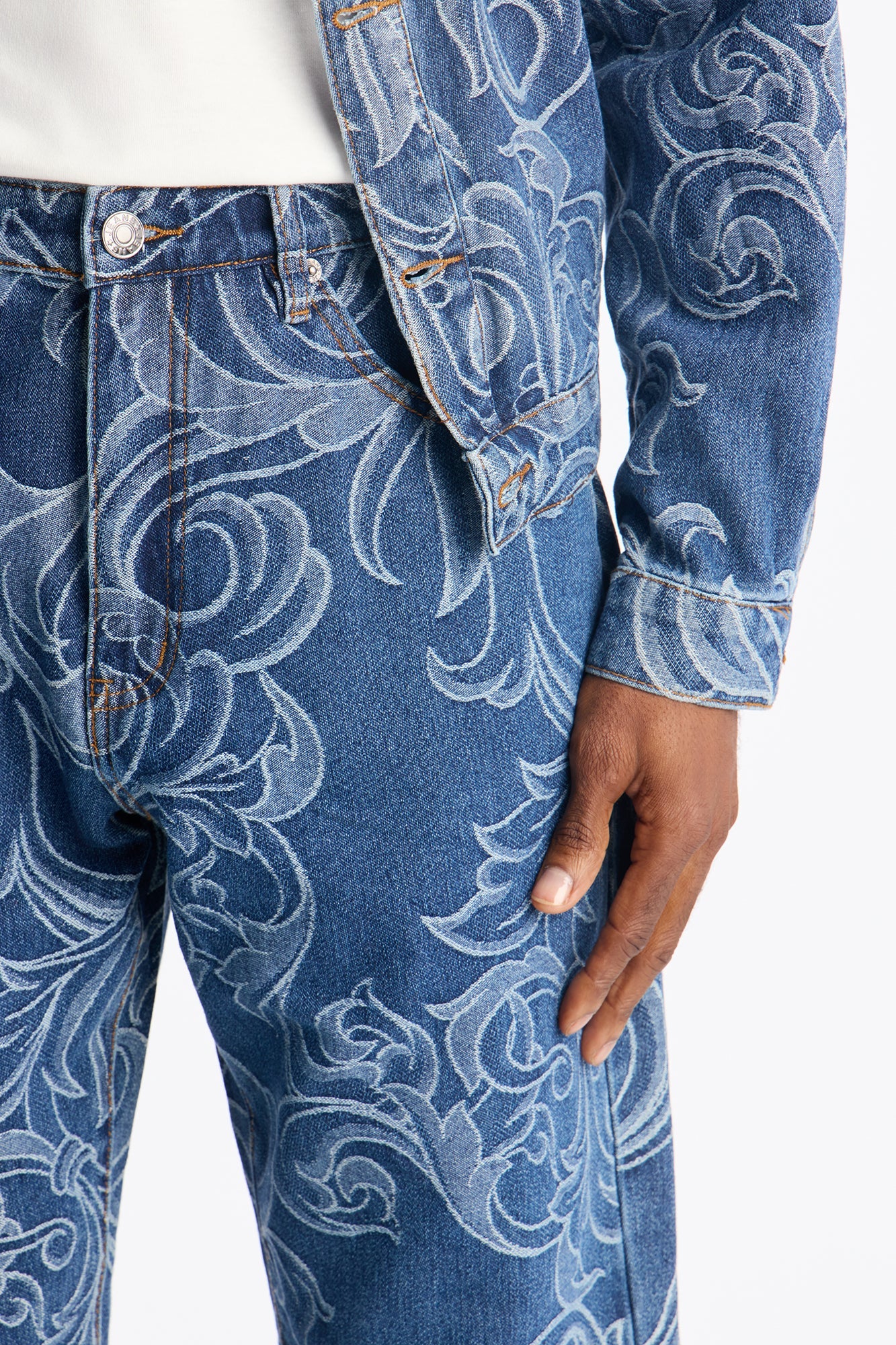 Straight Baroque Jacquard Jean - Medium Blue Wash Fashion Nova