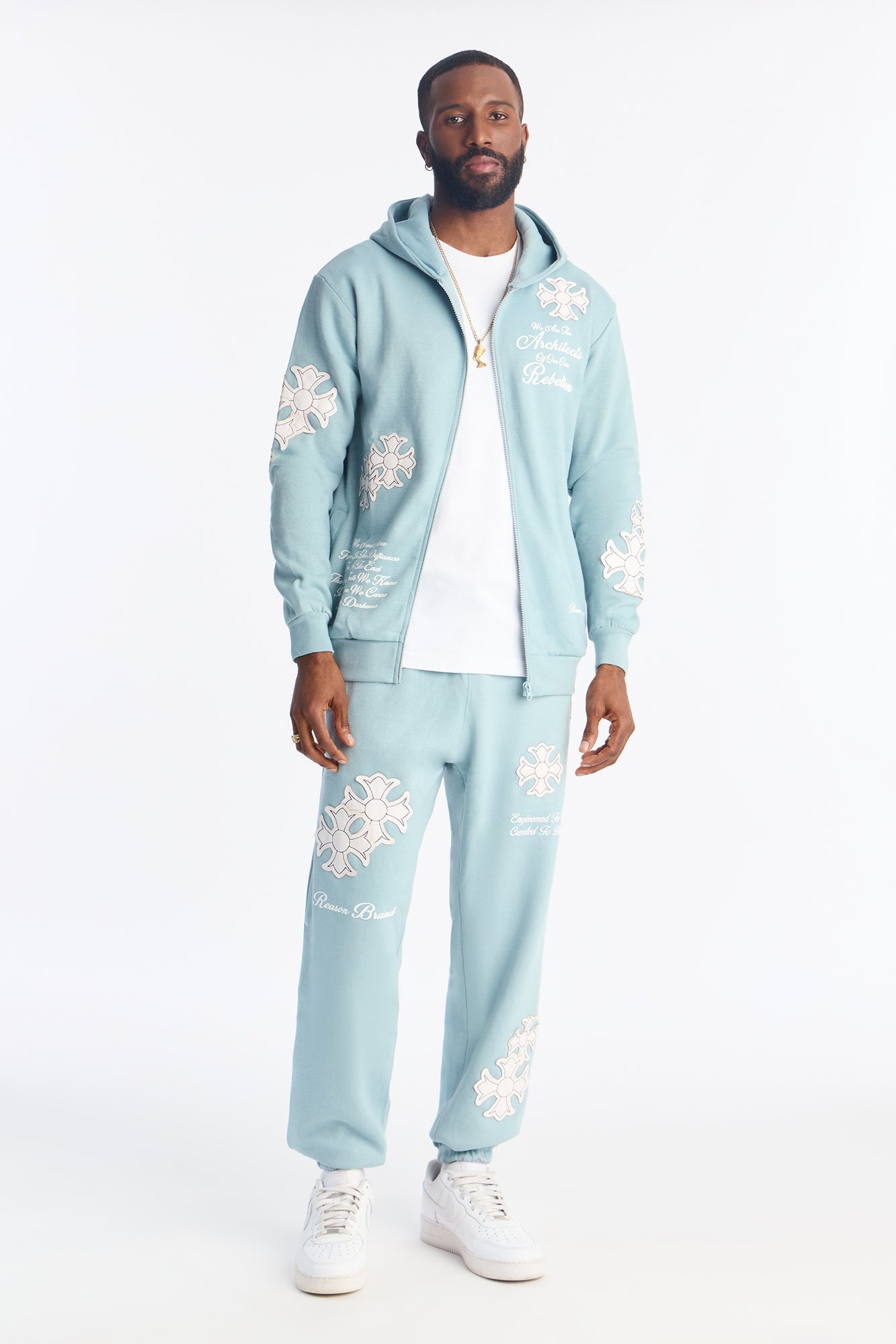 Rebellion Cross Applique Zip Up Hoodie - Light Blue Fashion Nova