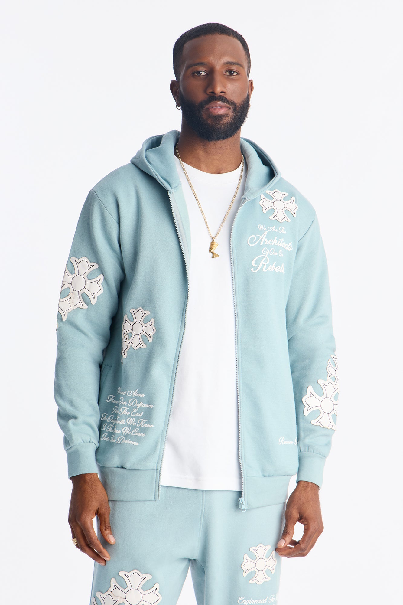Rebellion Cross Applique Zip Up Hoodie - Light Blue Fashion Nova