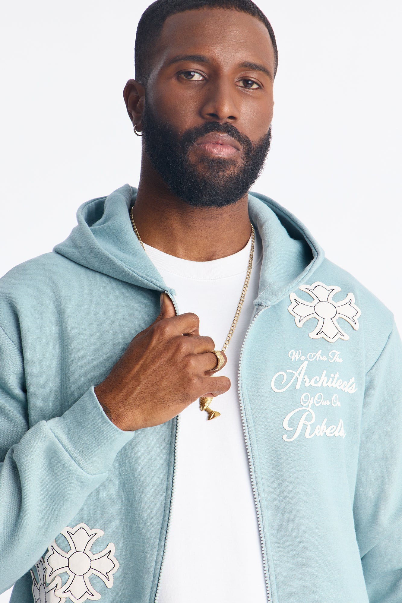 Rebellion Cross Applique Zip Up Hoodie - Light Blue Fashion Nova
