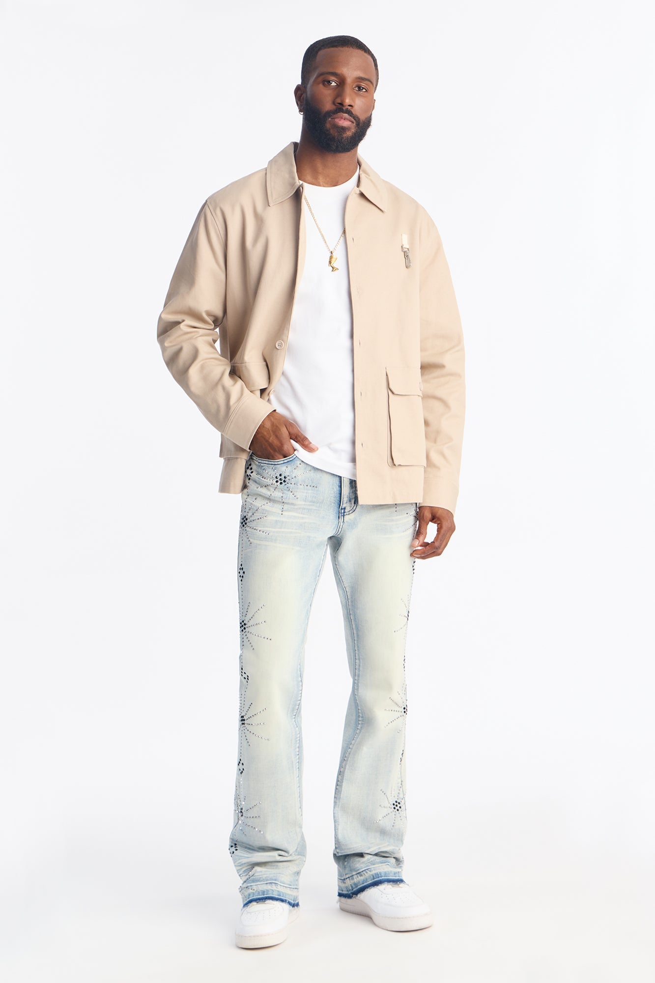 Stacked Skinny Flare Starburst Shine Jeweled Jean - Light Wash Fashion Nova