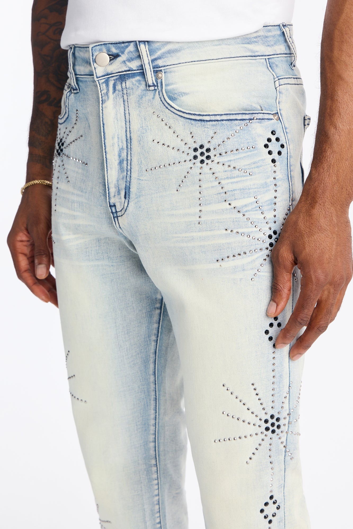 Stacked Skinny Flare Starburst Shine Jeweled Jean - Light Wash Fashion Nova