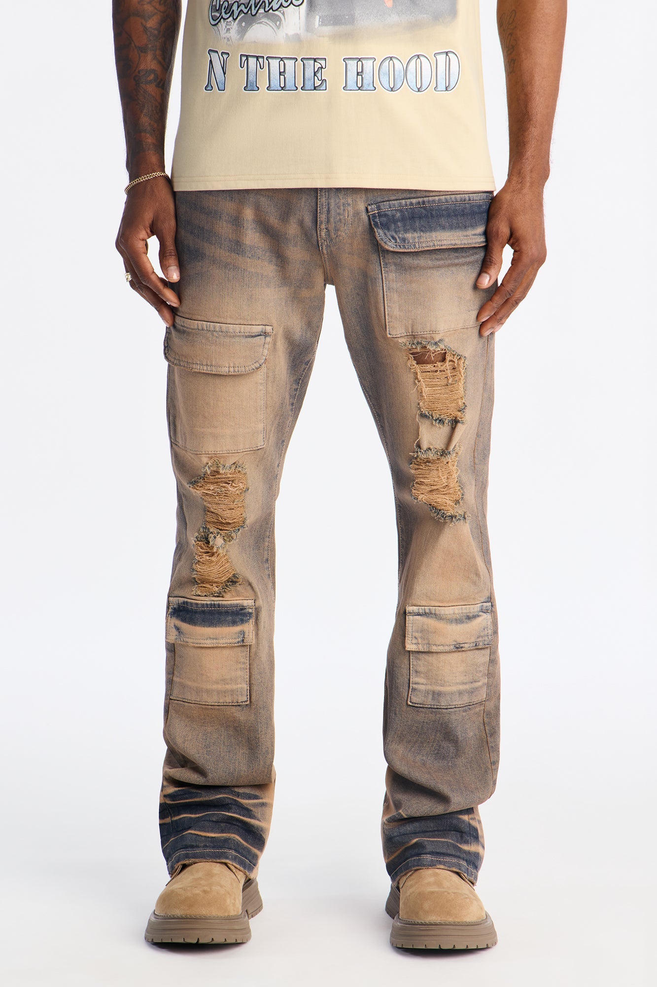 Stacked Skinny Flare No Fear Distressed Cargo Jean - Vintage Wash Fashion Nova