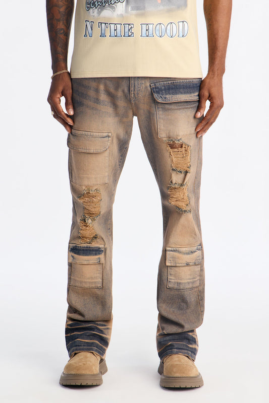 Stacked Skinny Flare No Fear Distressed Cargo Jean - Vintage Wash Fashion Nova