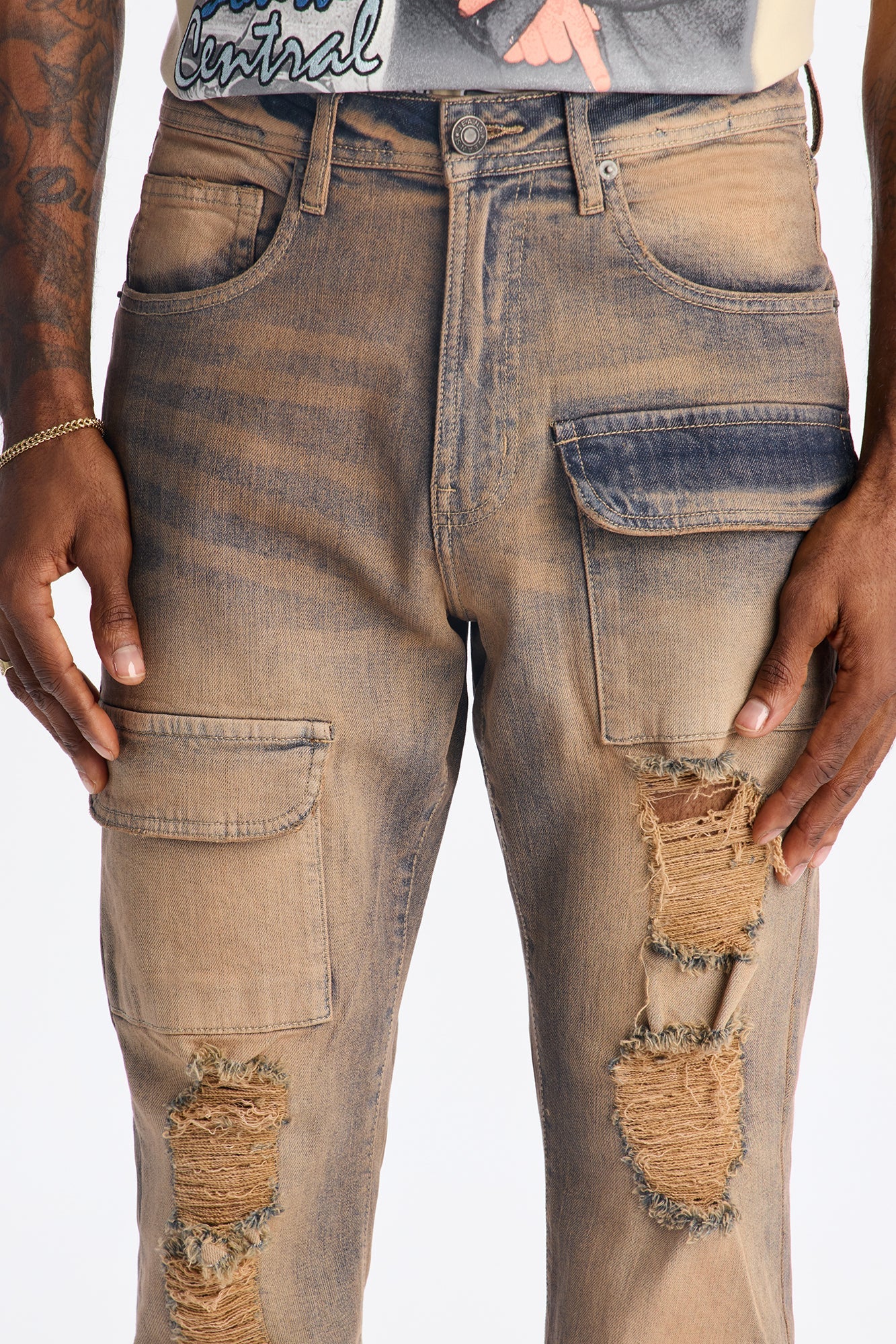 Stacked Skinny Flare No Fear Distressed Cargo Jean - Vintage Wash Fashion Nova