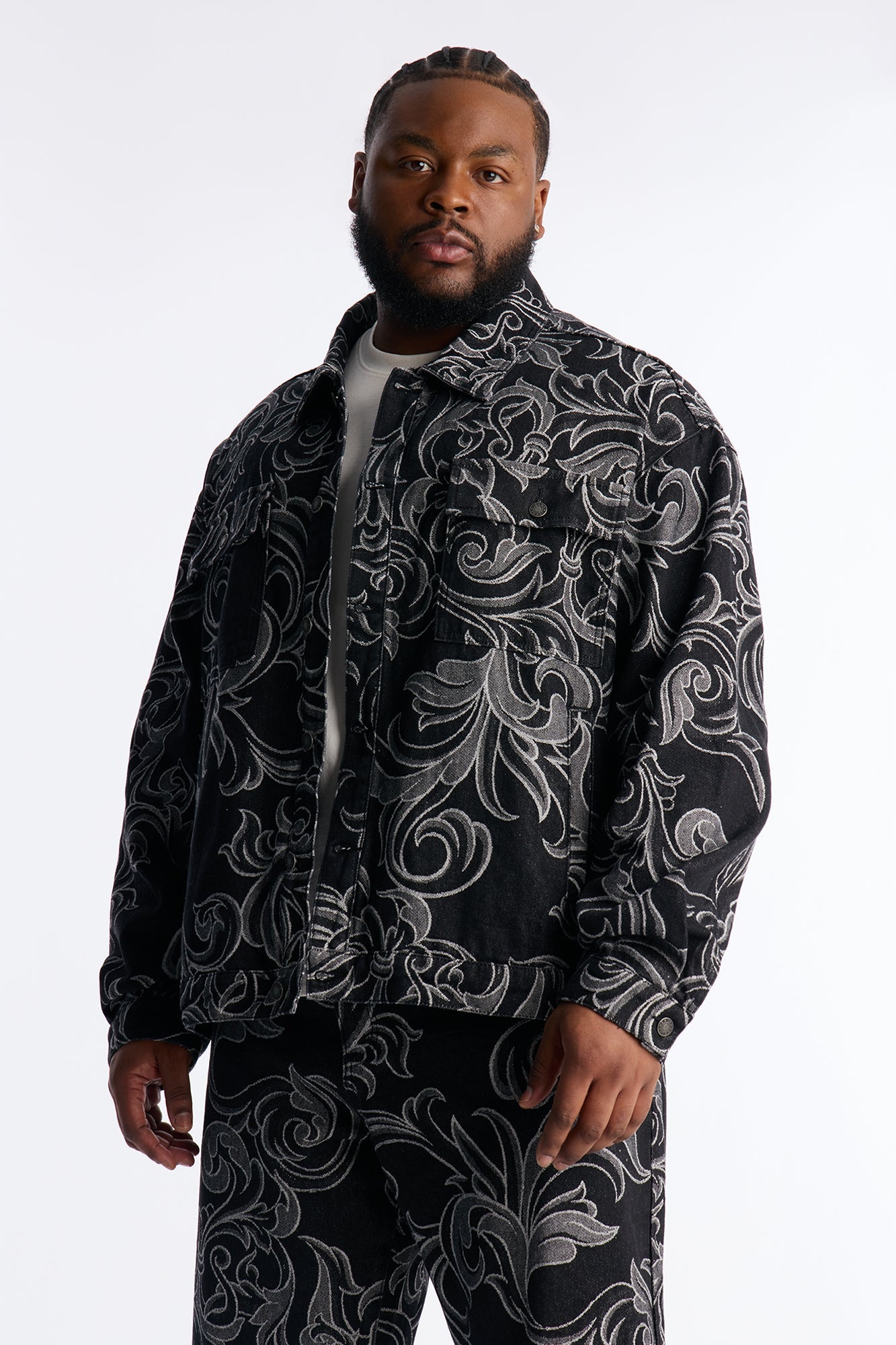 Relaxed Cropped Baroque Jacquard Denim Jacket - Black Wash Fashion Nova