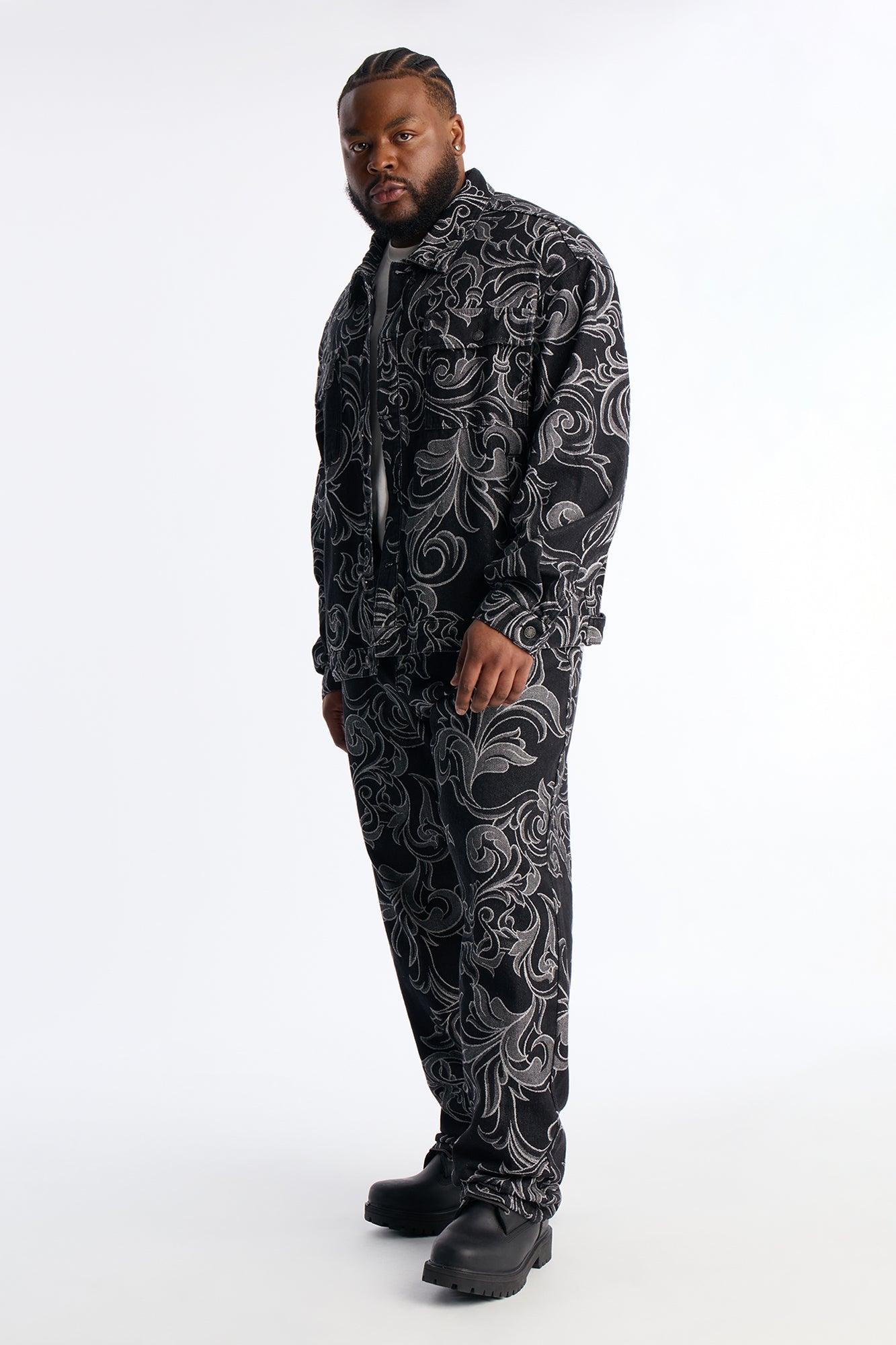 Relaxed Cropped Baroque Jacquard Denim Jacket - Black Wash Fashion Nova