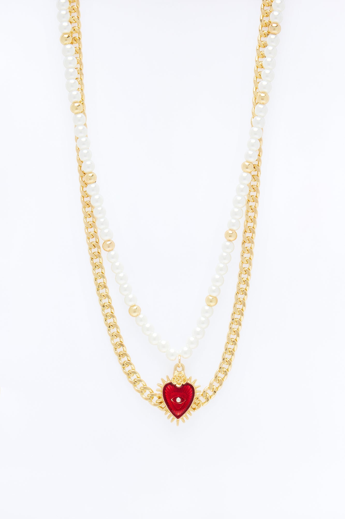Sacred Heart Pearl And Cuban Necklace Set - Gold Fashion Nova
