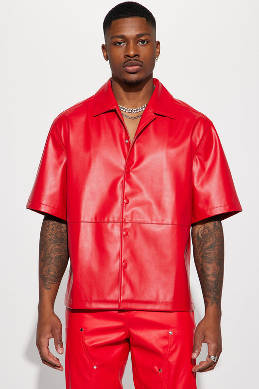 Slam Dunk Faux Leather Short Sleeve Button Up - Red Fashion Nova