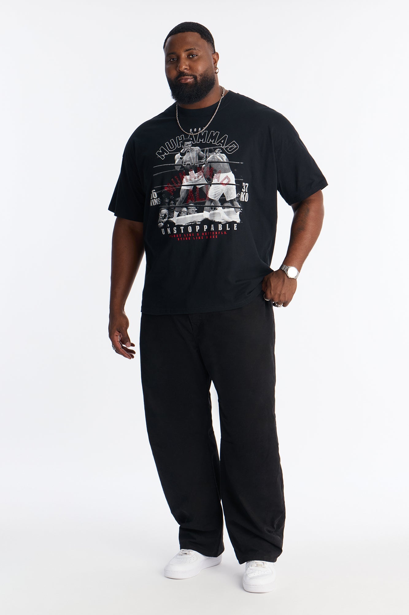 Boxy Muhammad Ali Rhinestone Short Sleeve Tee - Black Fashion Nova