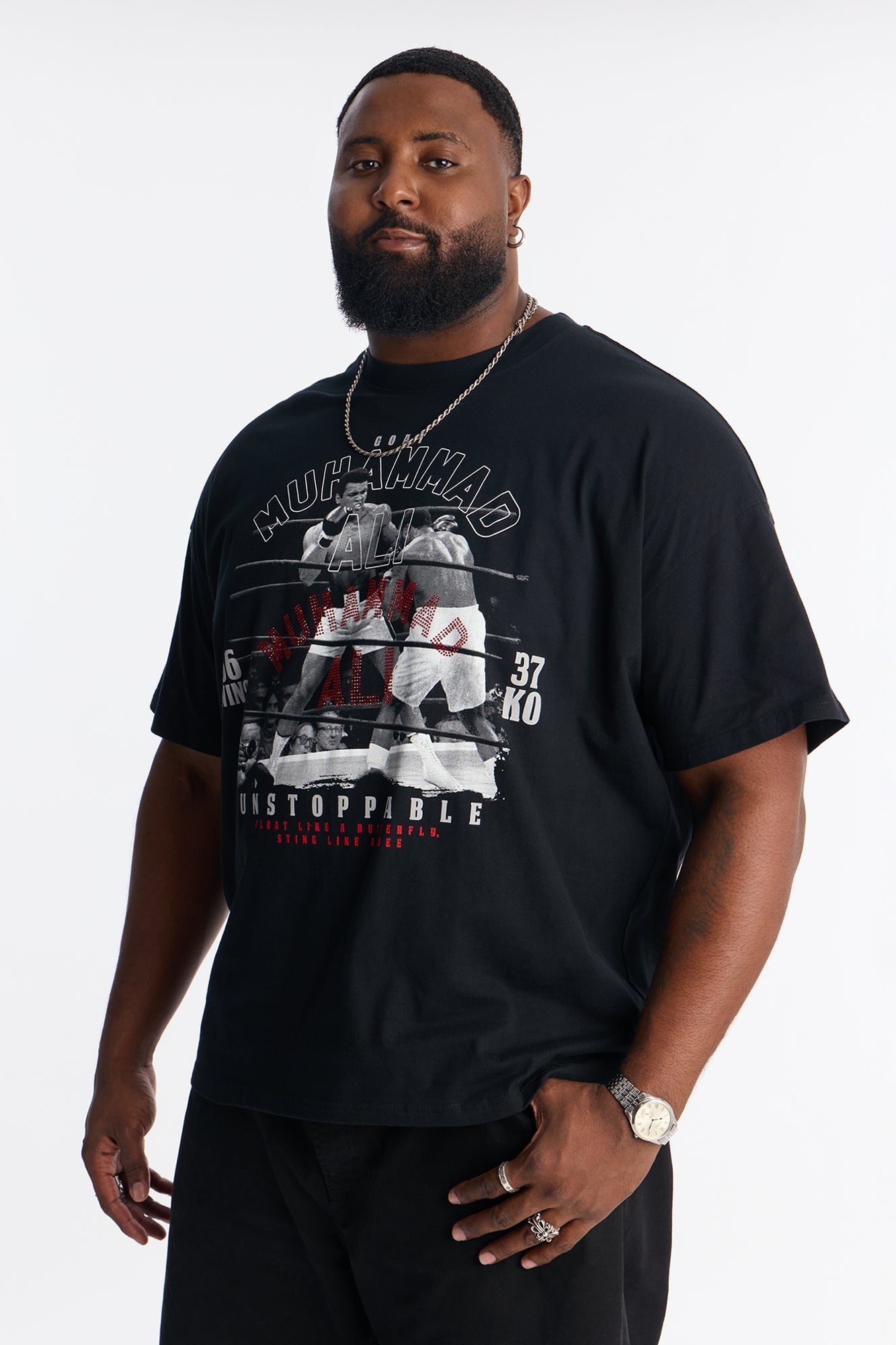 Boxy Muhammad Ali Rhinestone Short Sleeve Tee - Black Fashion Nova