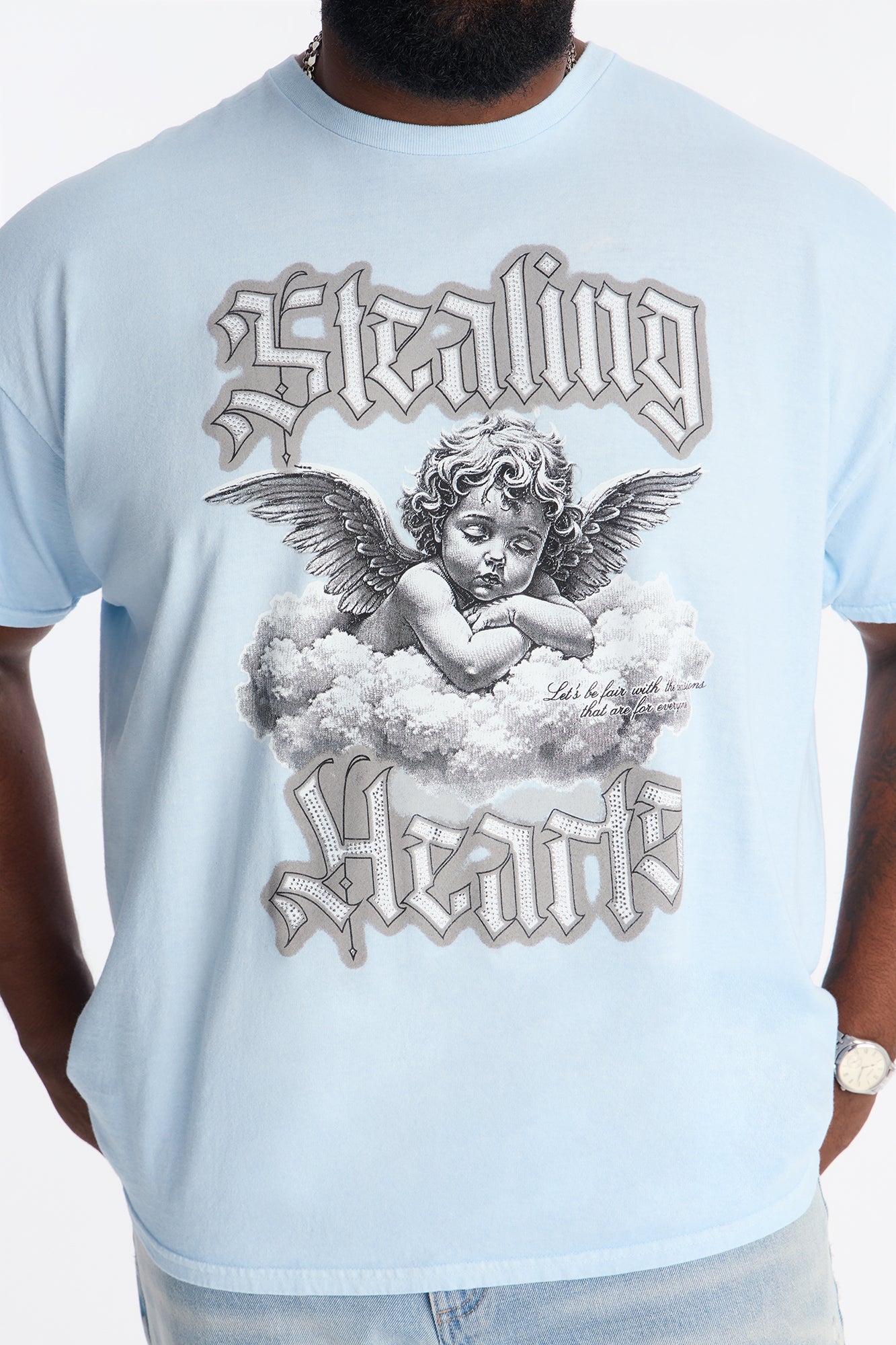 Stealing Hearts Rhinestone Short Sleeve Tee - Light Blue Fashion Nova