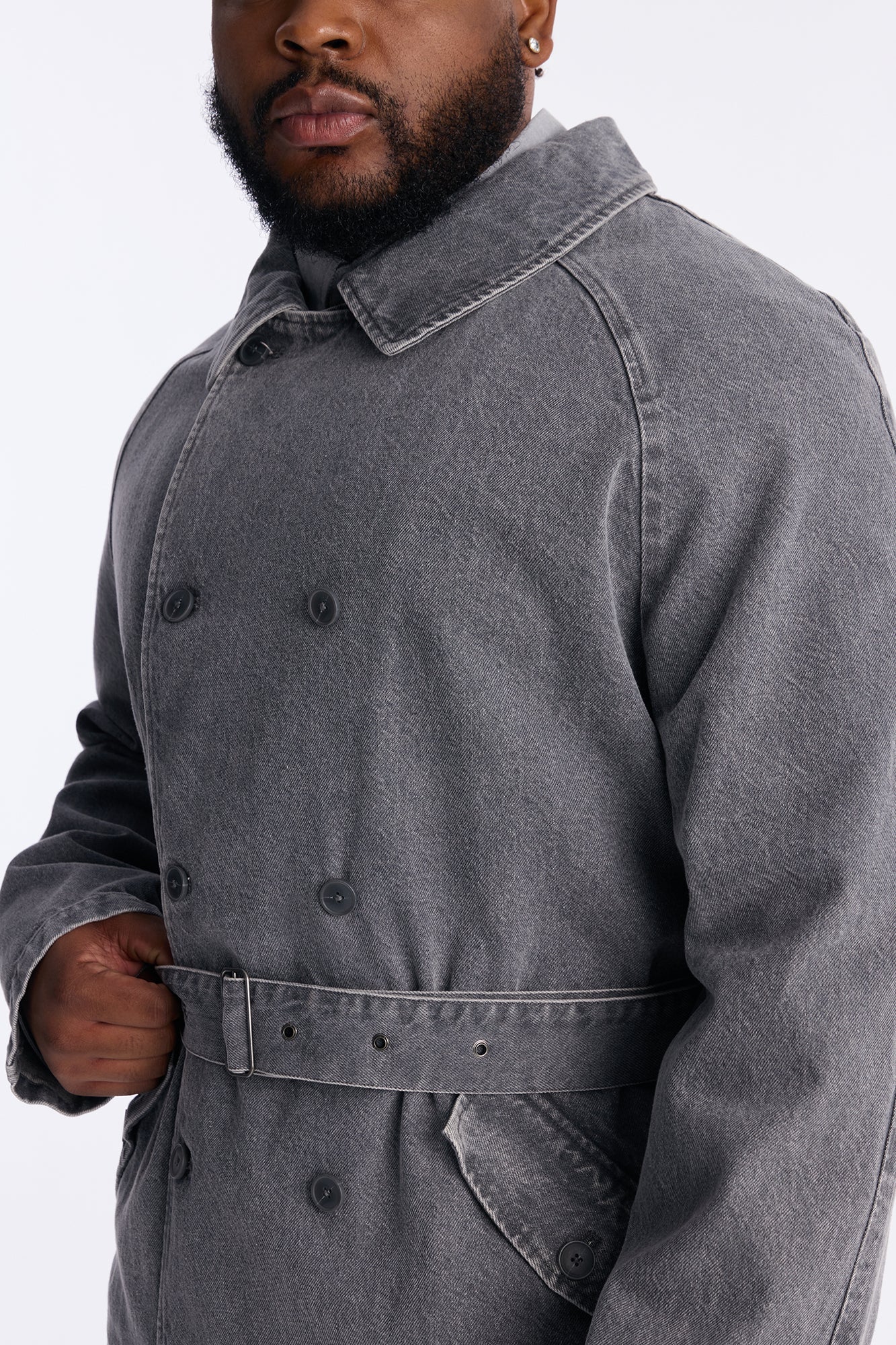 Finesse Double Breasted Denim Trench Coat - Grey Fashion Nova